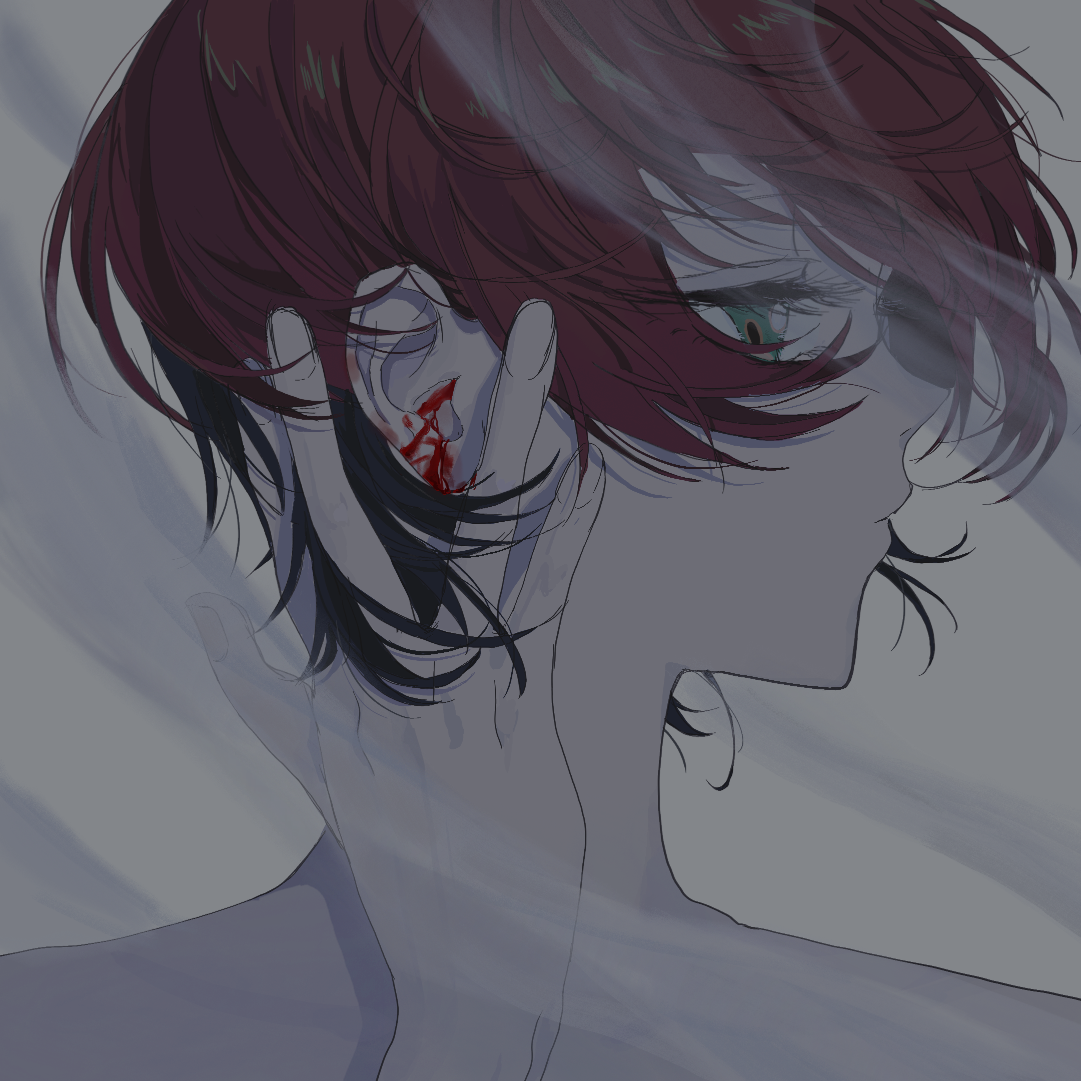 kumo (sharonyann86798), amate yuzuriha, gundam, gundam gquuuuuux, highres, 1girl, aqua eyes, black hair, bleeding, blood, blood on ears, floating hair, grey background, hand on own head, injury, multicolored hair, portrait, profile, red hair, short hair, two-tone hair
