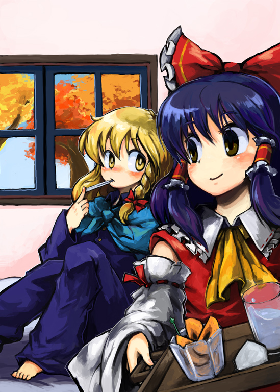 rotan, hakurei reimu, kirisame marisa, touhou, 2girls, blonde hair, blush, female focus, mouth hold, multiple girls, pajamas, sick, thermometer