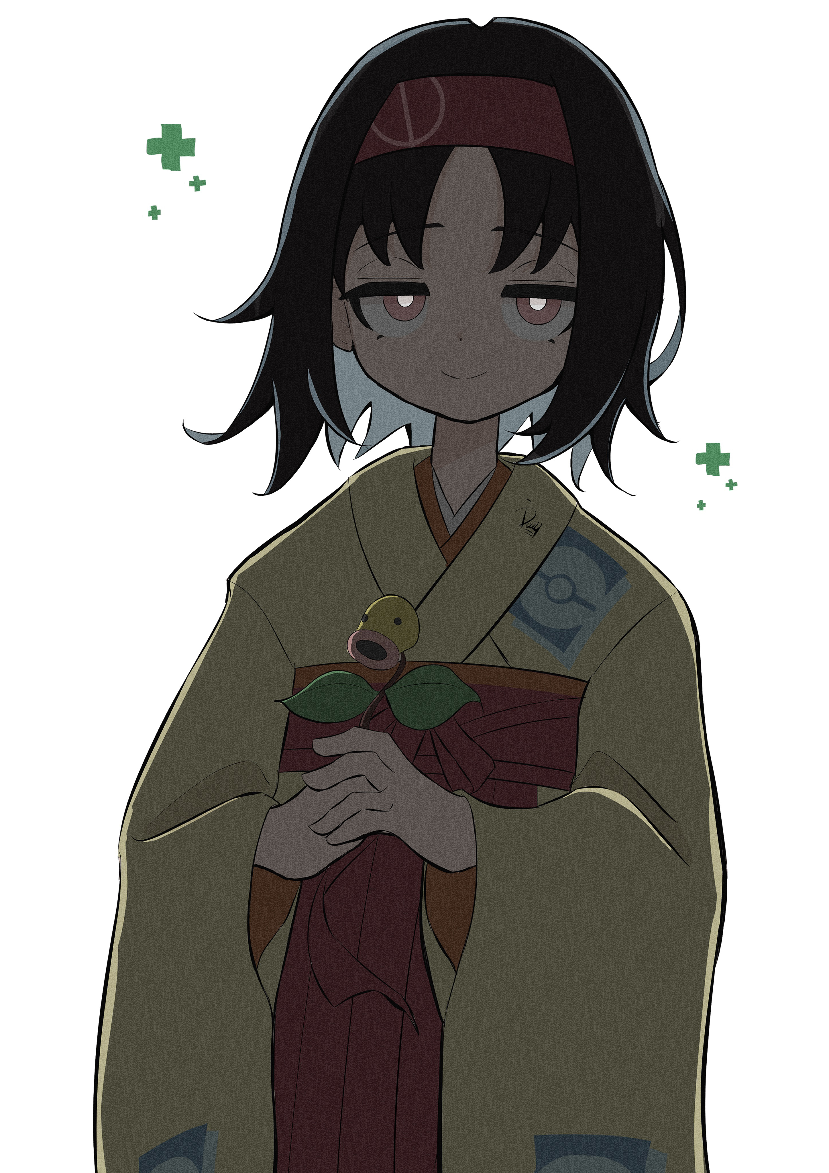 ida (idalol490), bellsprout, erika (pokemon), nintendo, pokemon, pokemon frlg, absurdres, commentary request, highres, 1girl, black hair, bright pupils, brown eyes, closed mouth, gen 1 pokemon, hairband, holding, holding pokemon, japanese clothes, kimono, medium hair, poke ball print, pokemon (creature), print kimono, red hairband, simple background, smile, solo, standing, white background, white pupils, yellow kimono