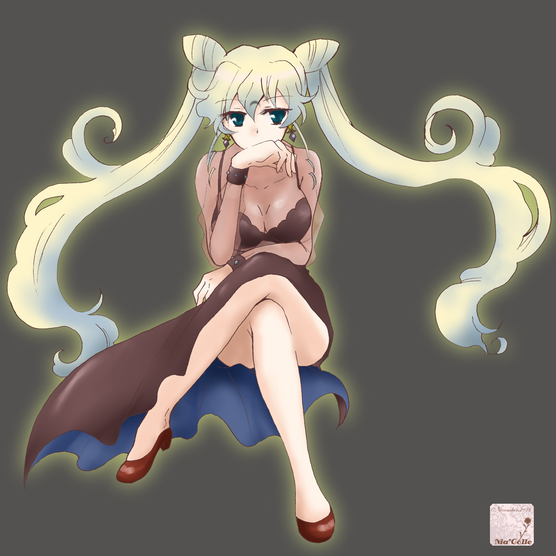 hazuki (pacco), antispiral nia, black lady (sailor moon), nia teppelin, bishoujo senshi sailor moon, bishoujo senshi sailor moon r, tengen toppa gurren lagann, bad id, bad pixiv id, 1girl, black lady (sailor moon) (cosplay), blue eyes, breasts, cleavage, cone hair bun, cosplay, crescent, crescent facial mark, crossed legs, crossover, double bun, dress, earrings, facial mark, female focus, forehead mark, grey background, hair bun, jewelry, long hair, multicolored hair, nia colle, see-through clothes, sitting, solo, twintails, very long hair