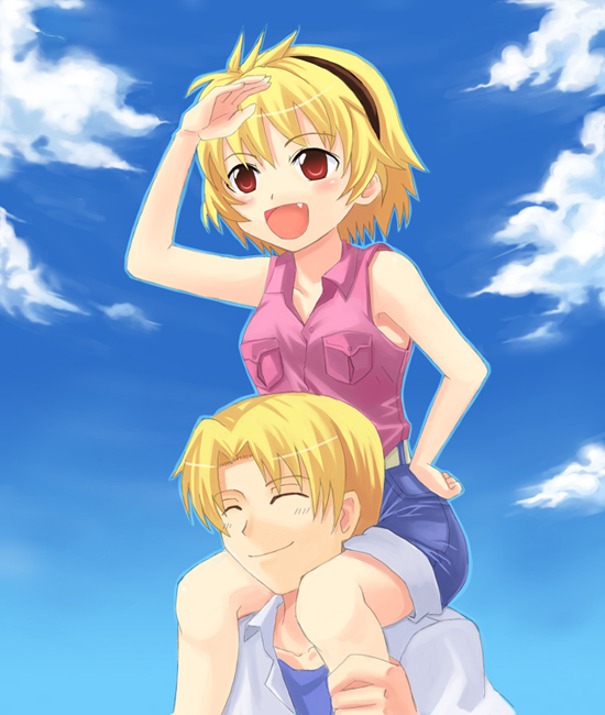 houjou satoko, houjou satoshi, higurashi no naku koro ni, 00s, 1boy, 1girl, :d, blonde hair, blue sky, brother and sister, carrying, closed eyes, cloud, day, fang, hairband, open mouth, red eyes, short hair, shoulder carry, siblings, sky, sleeveless, smile