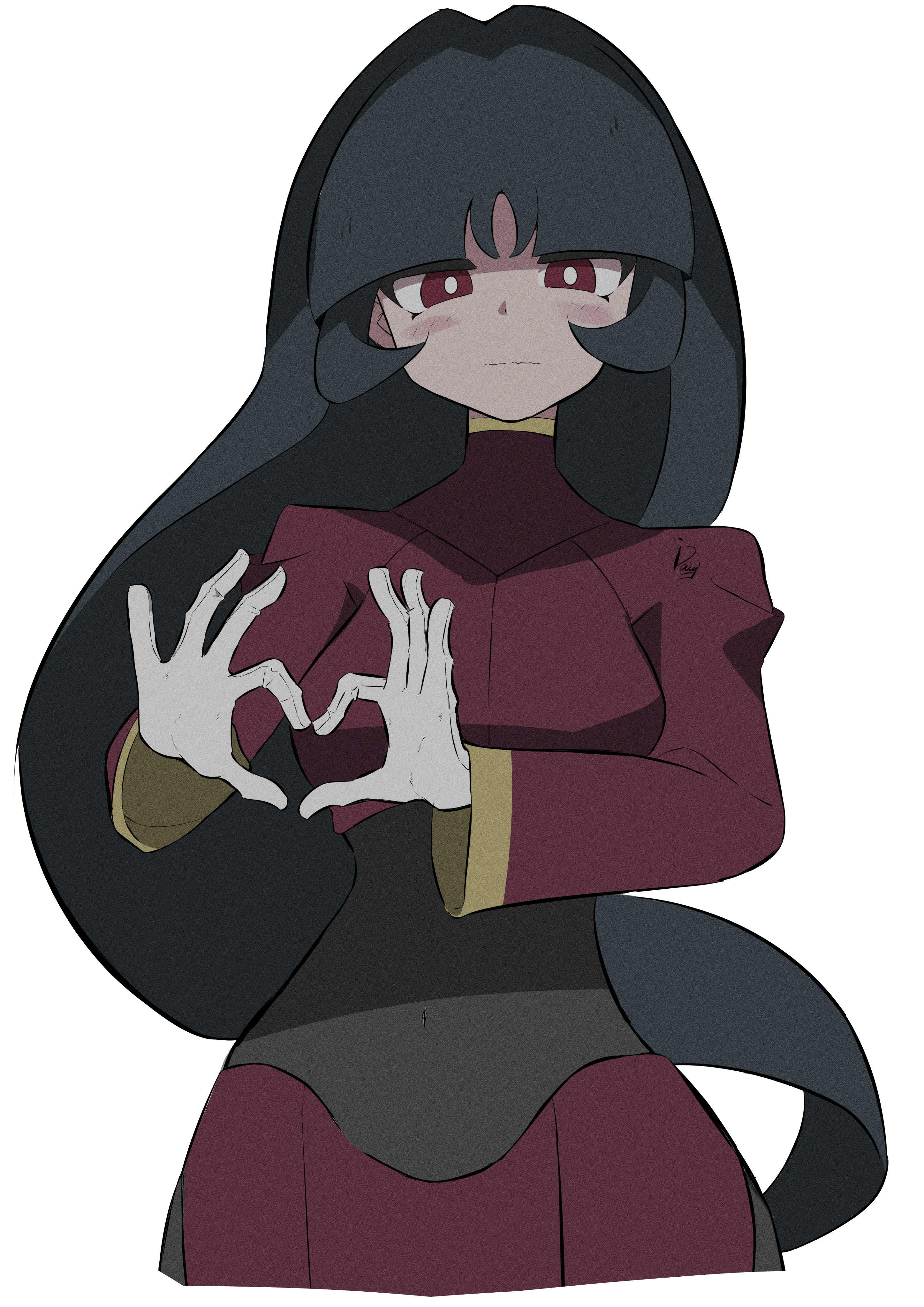 ida (idalol490), sabrina (pokemon), nintendo, pokemon, pokemon frlg, absurdres, commentary request, highres, 1girl, black hair, blunt bangs, bodystocking, breasts, crop top, cropped torso, film grain, four-finger heart hands, gloves, heart, heart hands, hime cut, jacket, long hair, long sleeves, medium breasts, pencil skirt, red eyes, side slit, skirt, solo, straight hair, turtleneck, turtleneck jacket, white gloves