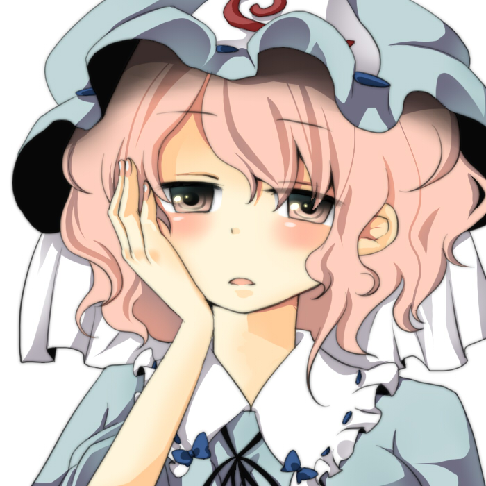 umi (umi02), saigyouji yuyuko, touhou, umi, bad id, bad pixiv id, 1girl, blue hat, female focus, hand over face, hat, mob cap, pink eyes, pink hair, simple background, sleepy, solo, upper body, white background