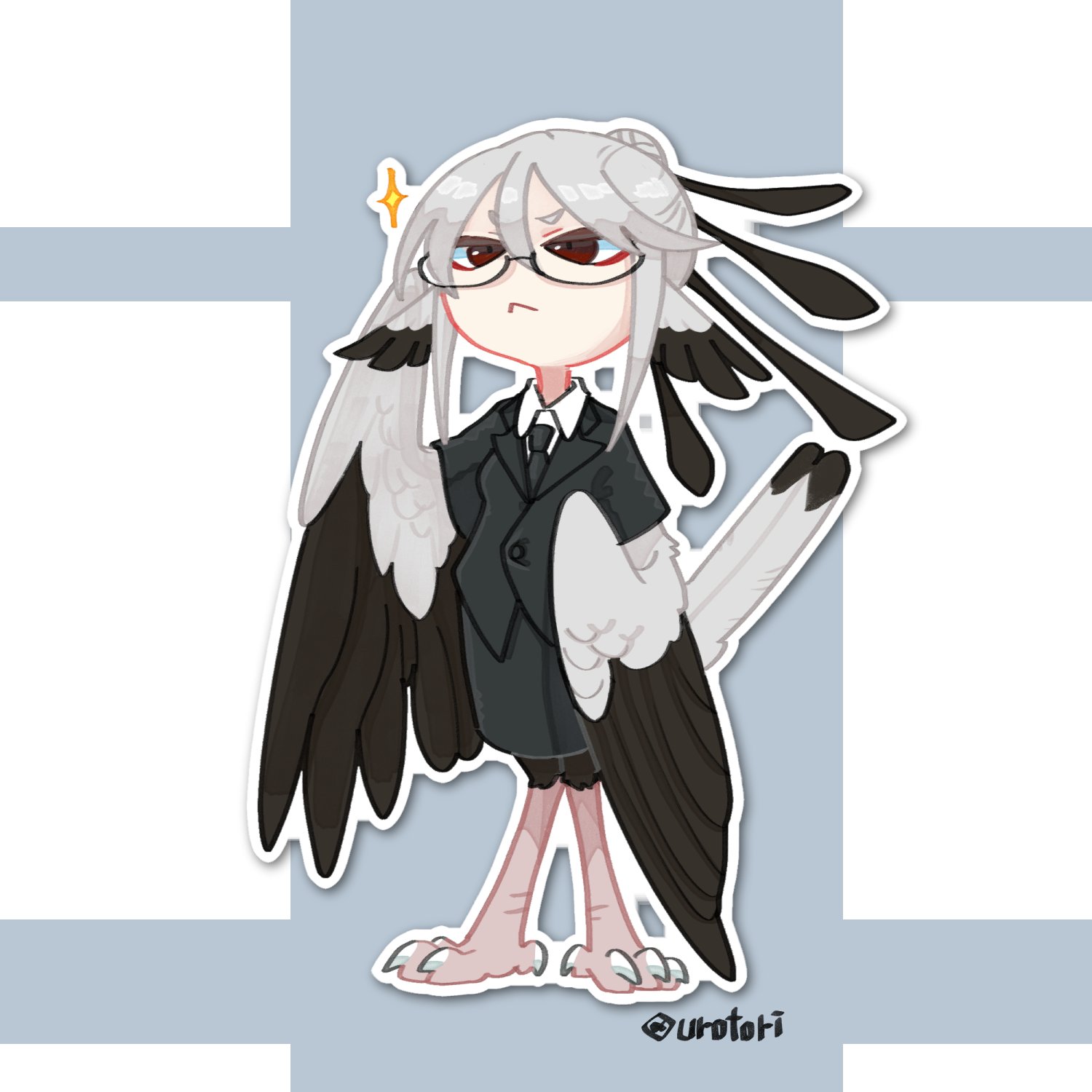 urotori, original, commentary request, commission, highres, ko-fi commission, 1girl, adjusting eyewear, animal ears, bird, bird ears, bird legs, bird tail, black-framed eyewear, black necktie, black skirt, black suit, black wings, blue background, collared shirt, feather hair, feathered wings, formal clothes, glasses, harpy, monster girl, multicolored hair, necktie, office lady, pencil skirt, red eyes, secretarybird, semi-rimless eyewear, shirt, skirt, skirt suit, solo, sparkle, suit, tail, talons, twitter username, two-tone background, two-tone hair, two-tone wings, white background, white shirt, winged arms, wings