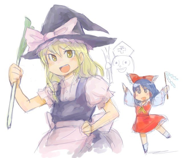 rotan, hakurei reimu, kirisame marisa, yagokoro, yagokoro eirin, touhou, 2girls, apron, arms up, black hair, blonde hair, bow, female focus, gohei, hair bow, hand on own hip, hat, long hair, looking at viewer, multiple girls, puffy sleeves, short sleeves, sketch, skirt, skirt set, smile, socks, spring onion, standing, standing on one leg, waist apron, witch hat, yellow eyes