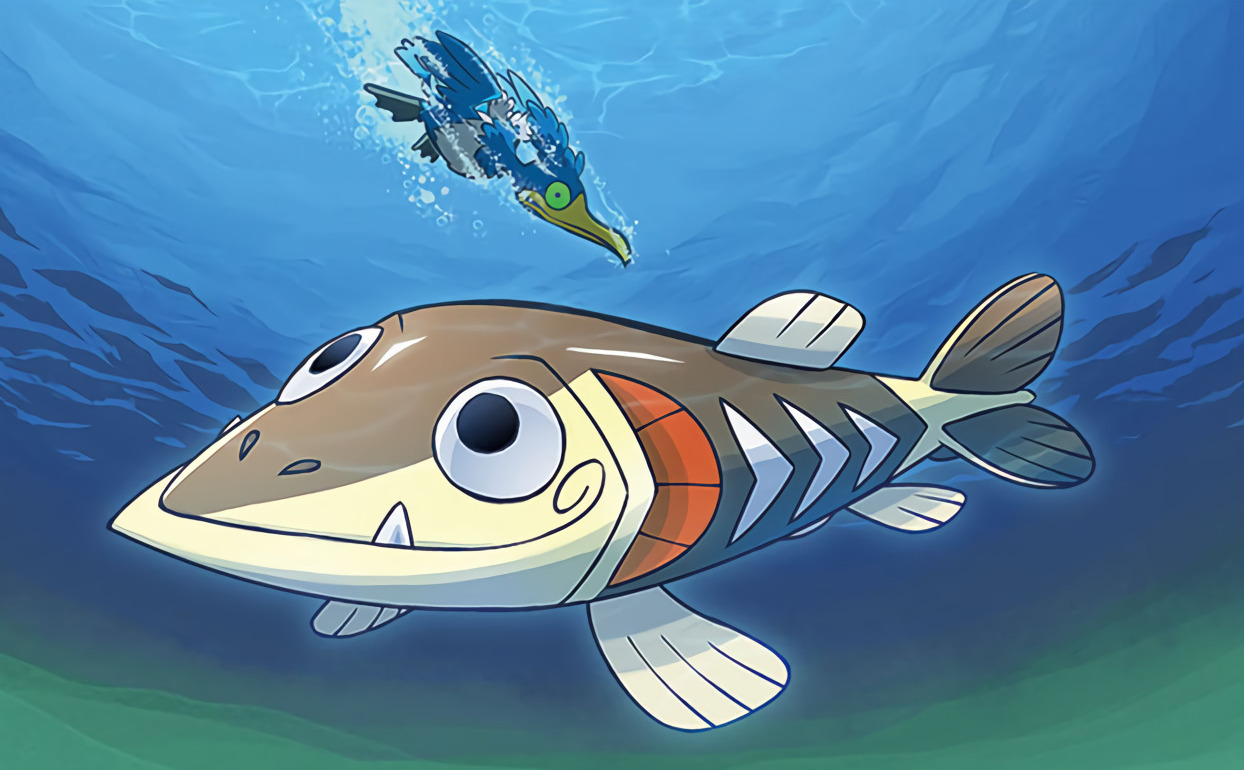 ariga hitoshi, arrokuda, cramorant, nintendo, pokemon, pokemon tcg, commentary, official art, third-party source, animal focus, bird, closed mouth, diving, fangs, fish, full body, gen 8 pokemon, no humans, nostrils, pokemon (creature), pokemon focus, smile, solo focus, underwater