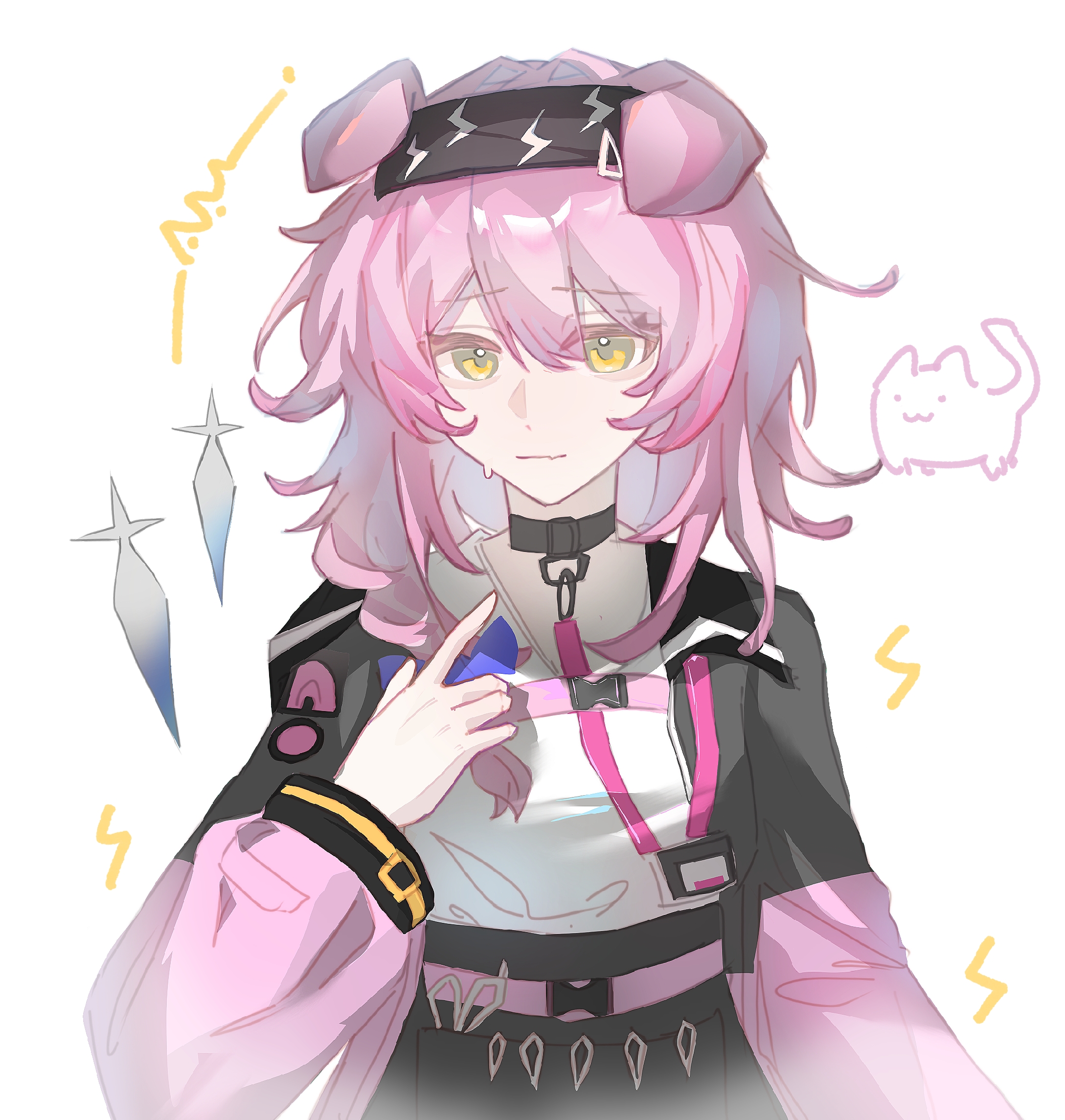 goldenglow (arknights), arknights, chinese commentary, commentary request, highres, 1girl, animal ears, black choker, black hairband, black jacket, choker, closed mouth, hair between eyes, hairband, jacket, jiu yi wu, lightning bolt print, long sleeves, looking at viewer, medium hair, pink hair, pink sleeves, shirt, simple background, solo, sweatdrop, upper body, white background, white shirt, yellow eyes