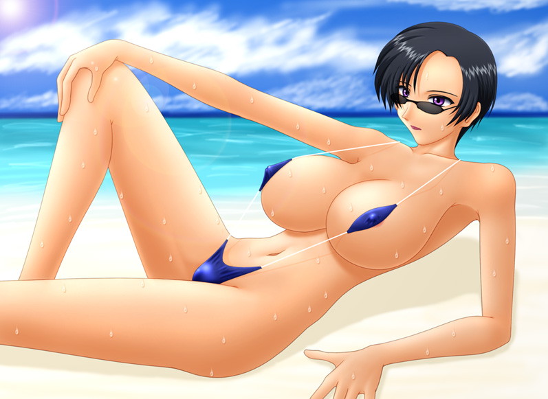 makoto (mk10), natarle badgiruel, gundam, gundam seed, jpeg artifacts, 00s, 1girl, areola slip, beach, bikini, black hair, breasts, cloud, covered erect nipples, day, female focus, glasses, huge breasts, leg up, legs, long legs, lying, ocean, outdoors, purple eyes, short hair, sky, slingshot swimsuit, solo, strap gap, sunglasses, sweat, swimsuit, thighs, water