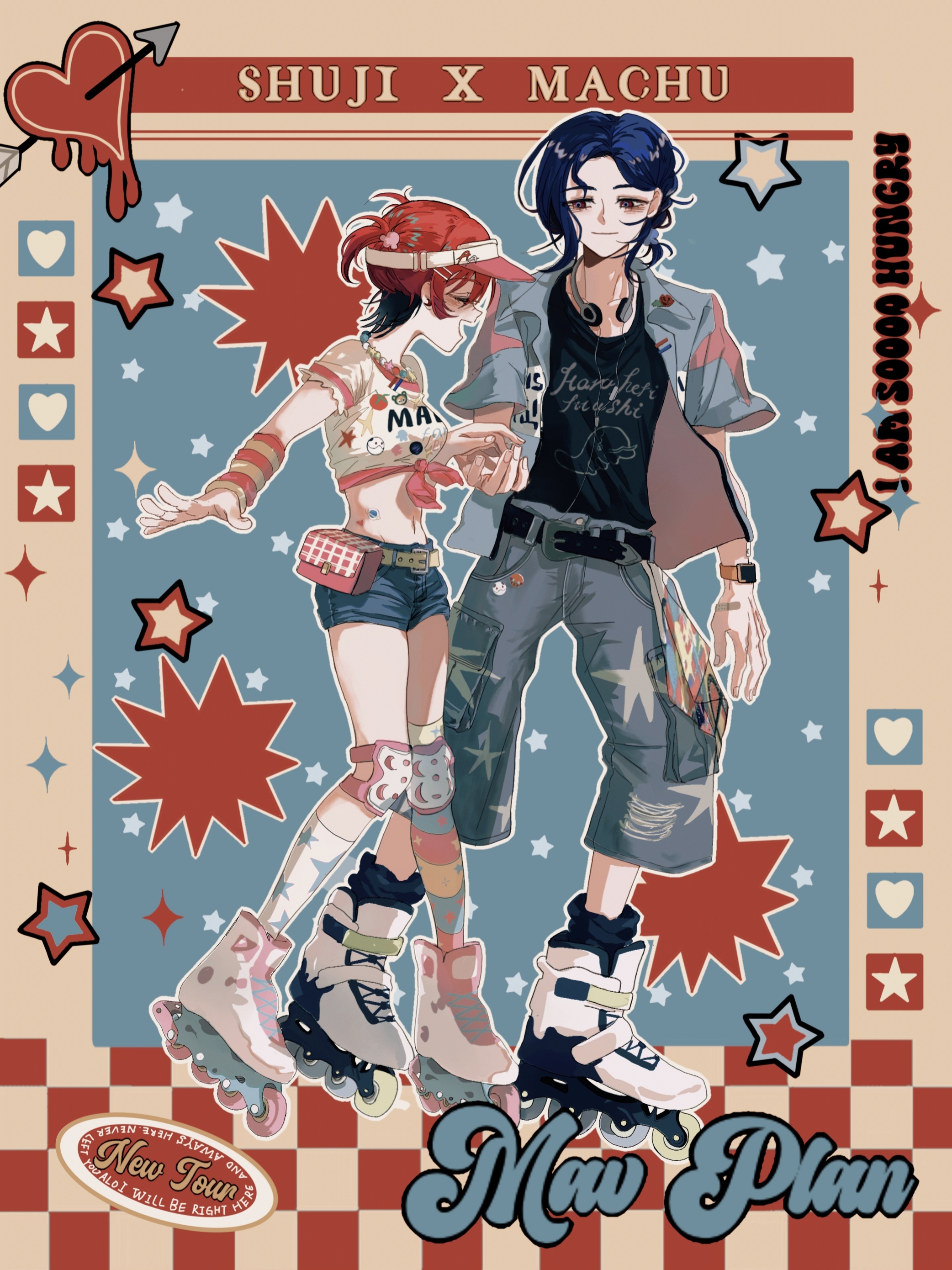 kumo (sharonyann86798), amate yuzuriha, shuji ito, gundam, gundam gquuuuuux, absurdres, highres, 1boy, 1girl, bandaid, belt pouch, black hair, blue hair, blush, closed eyes, couple, crop top, denim, denim shorts, full body, hair ornament, headphones, headphones around neck, heart, hetero, jacket, jeans, jewelry, knee pads, midriff, multicolored hair, navel, necklace, one side up, open mouth, pants, ponytail, pouch, red eyes, red hair, roller skates, shirt, short hair, shorts, skates, skating, smile, star (symbol), sticker, two-tone hair, visor cap