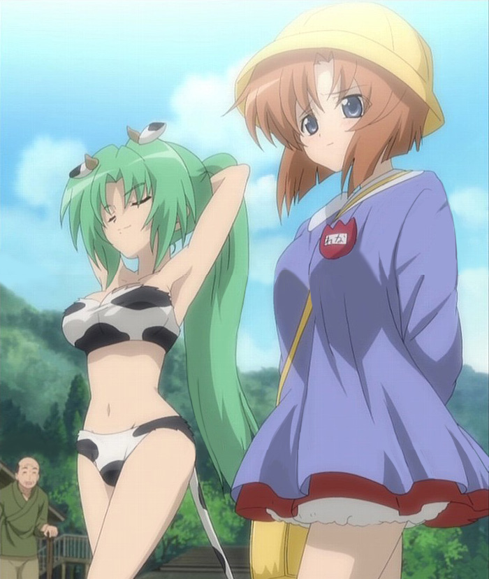 ryuuguu rena, sonozaki mion, higurashi no naku koro ni, anime screenshot, stitched, third-party edit, 1boy, 2girls, :d, = =, age difference, animal ears, animal print, armpits, arms behind back, arms behind head, arms up, bag, bald, bandeau, between breasts, bikini, black hair, blue eyes, blue skirt, blue sky, blush, bob cut, breasts, brown hair, bucket hat, building, cane, cleavage, closed eyes, cloud, cosplay, cow ears, cow girl, cow print, cow tail, cowboy shot, day, dress, embarrassed, fake animal ears, fake horns, fake tail, food, fruit, green hair, hat, horns, japanese clothes, kindergarten, kindergarten uniform, large breasts, long hair, looking at viewer, midriff, mountain, multiple girls, name tag, navel, old, old man, open mouth, orange (fruit), outdoors, parted bangs, ponytail, print bikini, railing, revealing clothes, satchel, school bag, school hat, school uniform, short dress, short hair, skirt, sky, smile, standing, strap between breasts, swimsuit, tail, tree, very long hair, wide hips