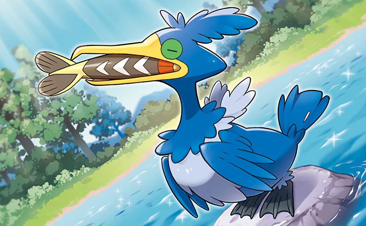 sakuma sanosuke, arrokuda, cramorant, nintendo, pokemon, pokemon tcg, commentary, official art, third-party source, animal focus, bird, blue sky, bush, day, fish, fish in mouth, gen 8 pokemon, no humans, on rock, outdoors, pokemon (creature), pokemon focus, rock, sky, tree, water