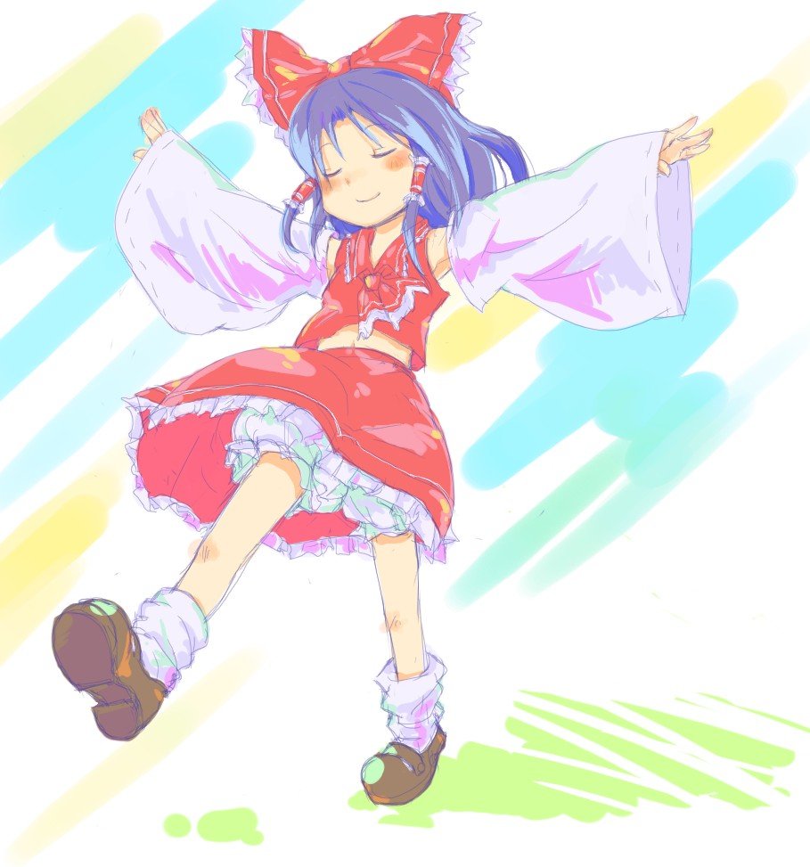 rotan, hakurei reimu, touhou, 1girl, armpits, bare shoulders, black hair, bloomers, blush, bow, female focus, full body, hair bow, kneehighs, long sleeves, mary janes, red bow, red skirt, shoes, short hair, skirt, smile, socks, solo, underwear, walking, white bloomers, white socks