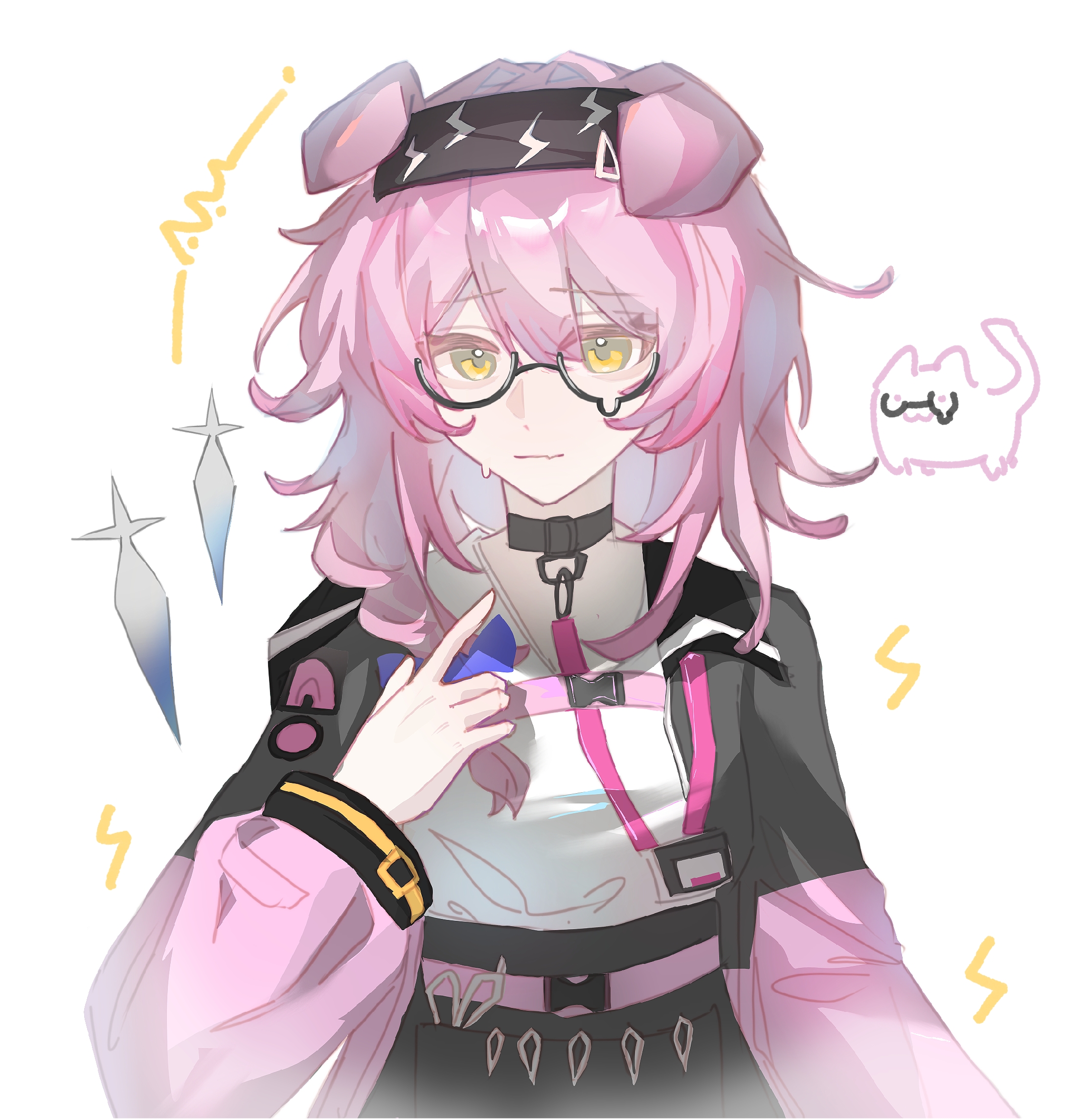 goldenglow (arknights), arknights, chinese commentary, commentary request, highres, 1girl, animal ears, bespectacled, black-framed eyewear, black choker, black hairband, black jacket, choker, closed mouth, glasses, hair between eyes, hairband, jacket, jiu yi wu, lightning bolt print, long sleeves, looking at viewer, medium hair, pink hair, pink sleeves, semi-rimless eyewear, shirt, simple background, solo, sweatdrop, under-rim eyewear, upper body, white background, white shirt, yellow eyes