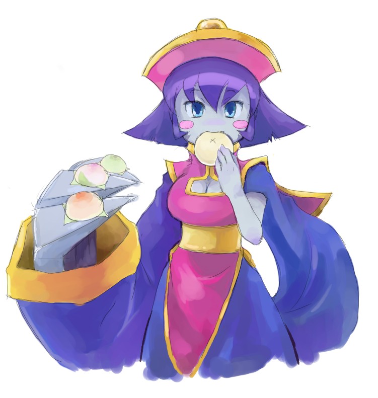 rotan, hsien-ko, capcom, darkstalkers, 1girl, blue eyes, blue skin, blush, blush stickers, breasts, chinese clothes, claws, cleavage, cleavage cutout, clothing cutout, colored skin, eating, female focus, flipped hair, food, hat, large breasts, purple hair, short hair, solo, turtleneck