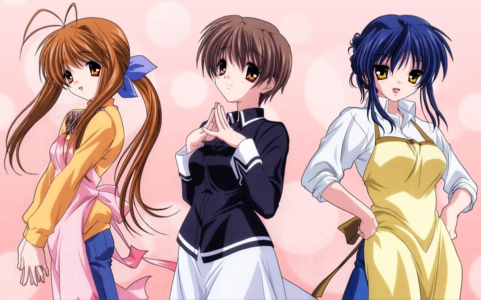 furukawa sanae, ibuki kouko, sagara misae, clannad, 00s, 3girls, apron, blue hair, brown eyes, brown hair, fang, long hair, looking at viewer, multiple girls, shirt, short hair, sleeves rolled up, sweater, white shirt, yellow eyes
