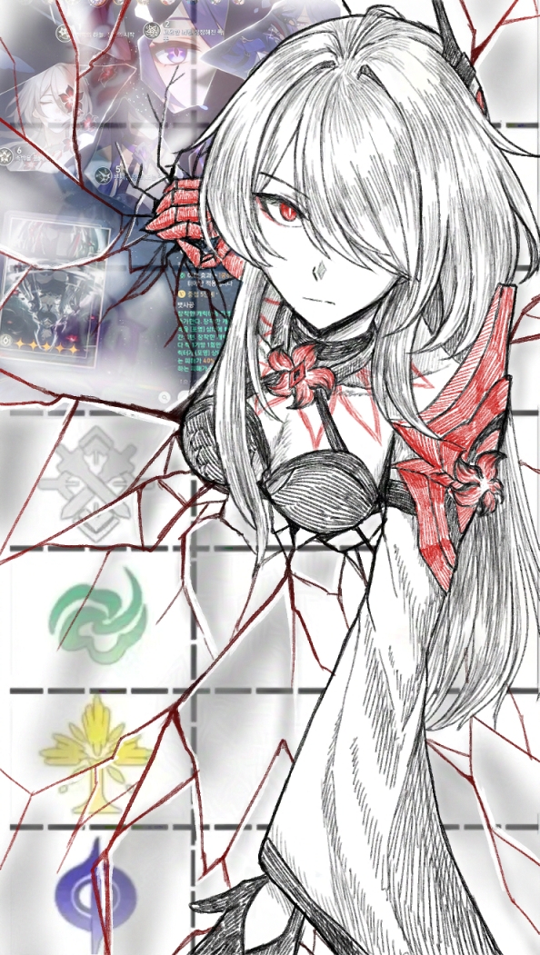 wasdmyway, acheron (honkai: star rail), honkai: star rail, honkai (series), 1girl, breasts, cleavage, crack, eidolon (honkai: star rail), flower, game screenshot inset, gloves, hair ornament, hair over one eye, imaginary symbol (honkai: star rail), light cone (honkai: star rail), long hair, looking at viewer, physical symbol (honkai: star rail), quantum symbol (honkai: star rail), red eyes, red flower, very long hair, white hair, wind symbol (honkai: star rail)