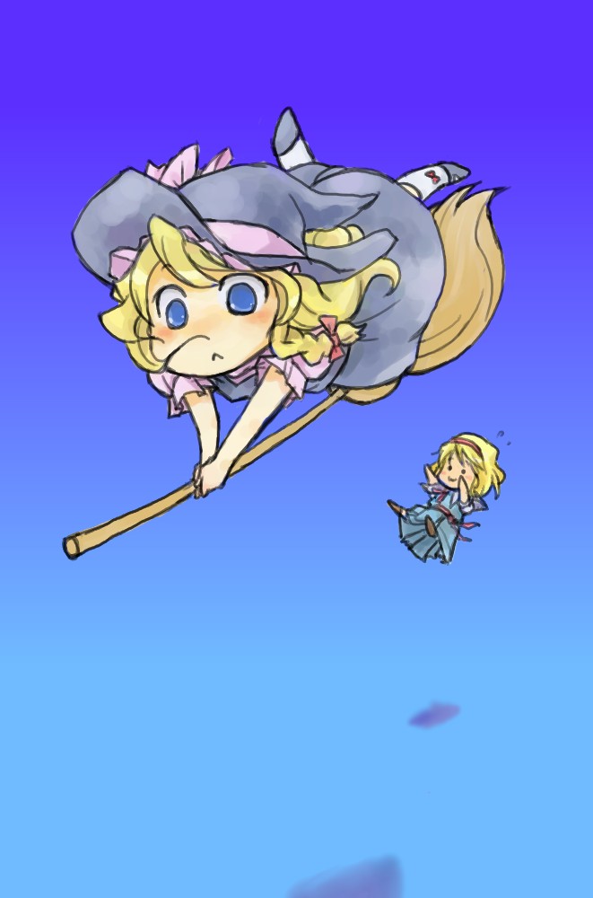 rotan, alice margatroid, kirisame marisa, touhou, 2girls, :<, blonde hair, blue eyes, broom, broom riding, chibi, falling, female focus, hat, long hair, multiple girls, nyoro~n, short hair, witch hat