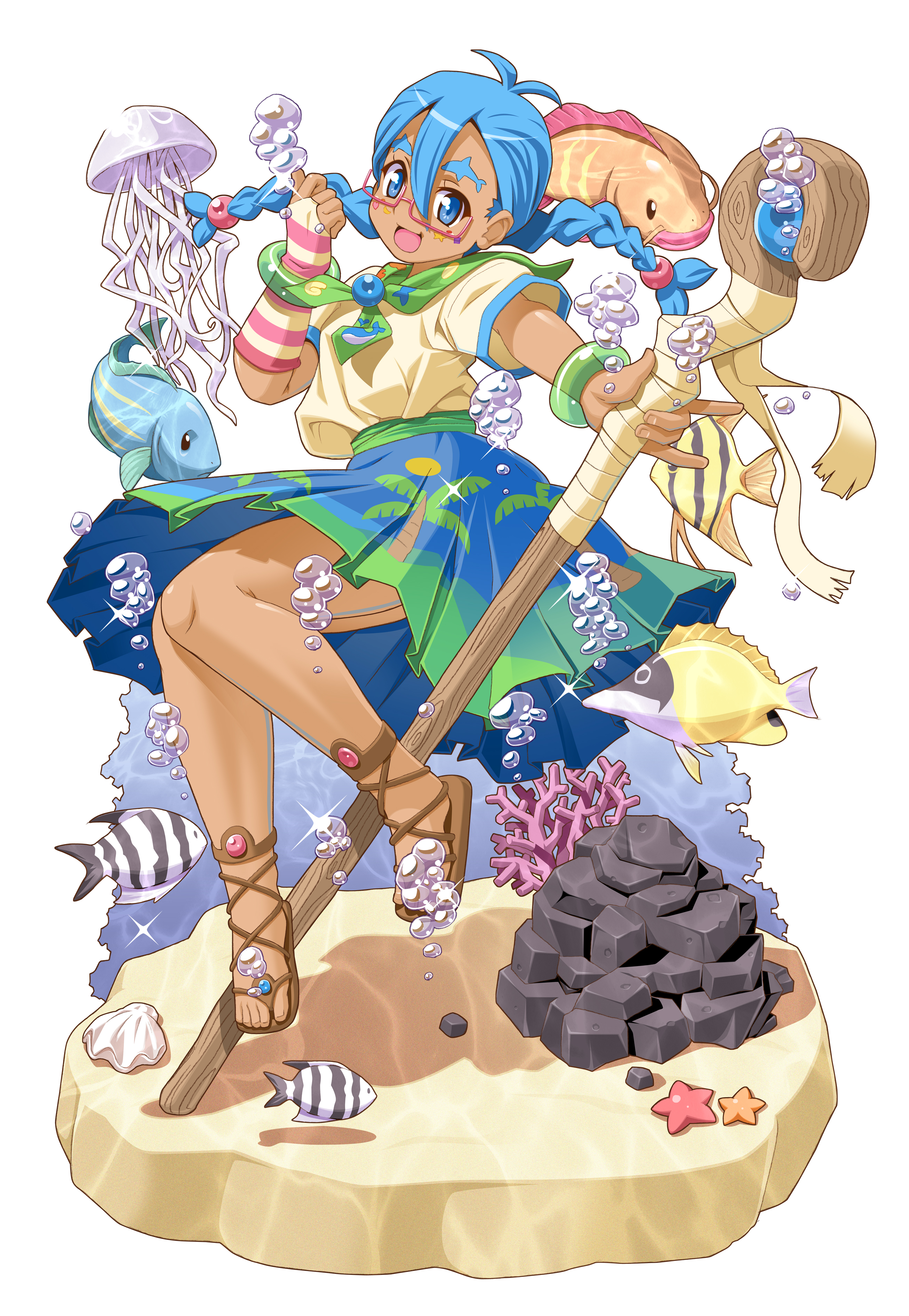toromi (toromix2), original, absurdres, commentary request, commission, commissioner upload, highres, non-web source, skeb commission, 1girl, 2000s (style), :d, air bubble, anime coloring, antenna hair, artist name, blue eyes, blue hair, blue skirt, borrowed character, bracelet, braid, bridal gauntlets, brown sandals, bubble, dark-skinned female, dark skin, faux retro artstyle, fish, floating hair, full body, glasses, green neckerchief, hair between eyes, hair bobbles, hair ornament, heart, heart sticker, holding, holding staff, jellyfish, jewelry, long hair, looking at viewer, neckerchief, open mouth, outstretched arm, pink-framed eyewear, pleated skirt, sandals, semi-rimless eyewear, shirt, short sleeves, simple background, single bridal gauntlet, skirt, smile, solo, staff, star (symbol), star sticker, sticker, sticker on face, thank you, thick eyebrows, twin braids, under-rim eyewear, white background, yellow shirt