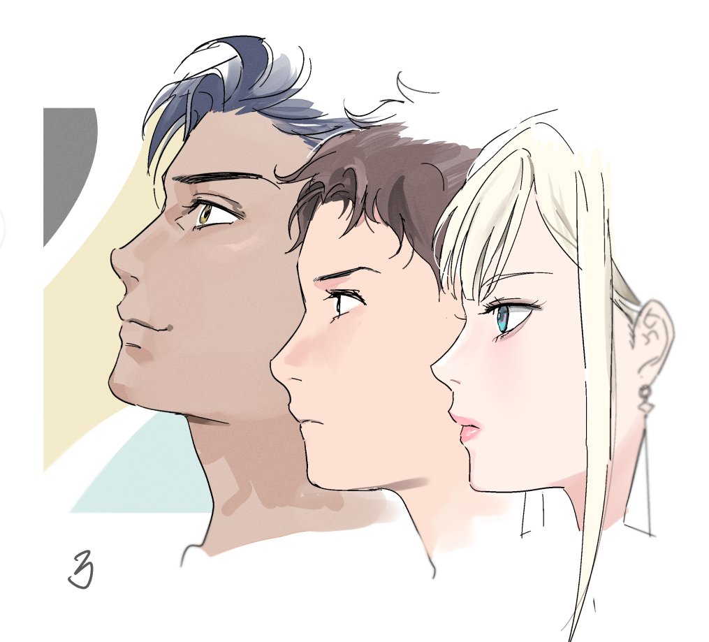 gigi andalusia, hathaway noa, kenneth sleg, gundam, gundam hathaway's flash, 1girl, 2boys, black eyes, blonde hair, blue eyes, brown hair, cropped head, dark-skinned male, dark skin, earrings, grey hair, jewelry, multiple boys, profile, riye 1026, short hair, smile, yellow eyes