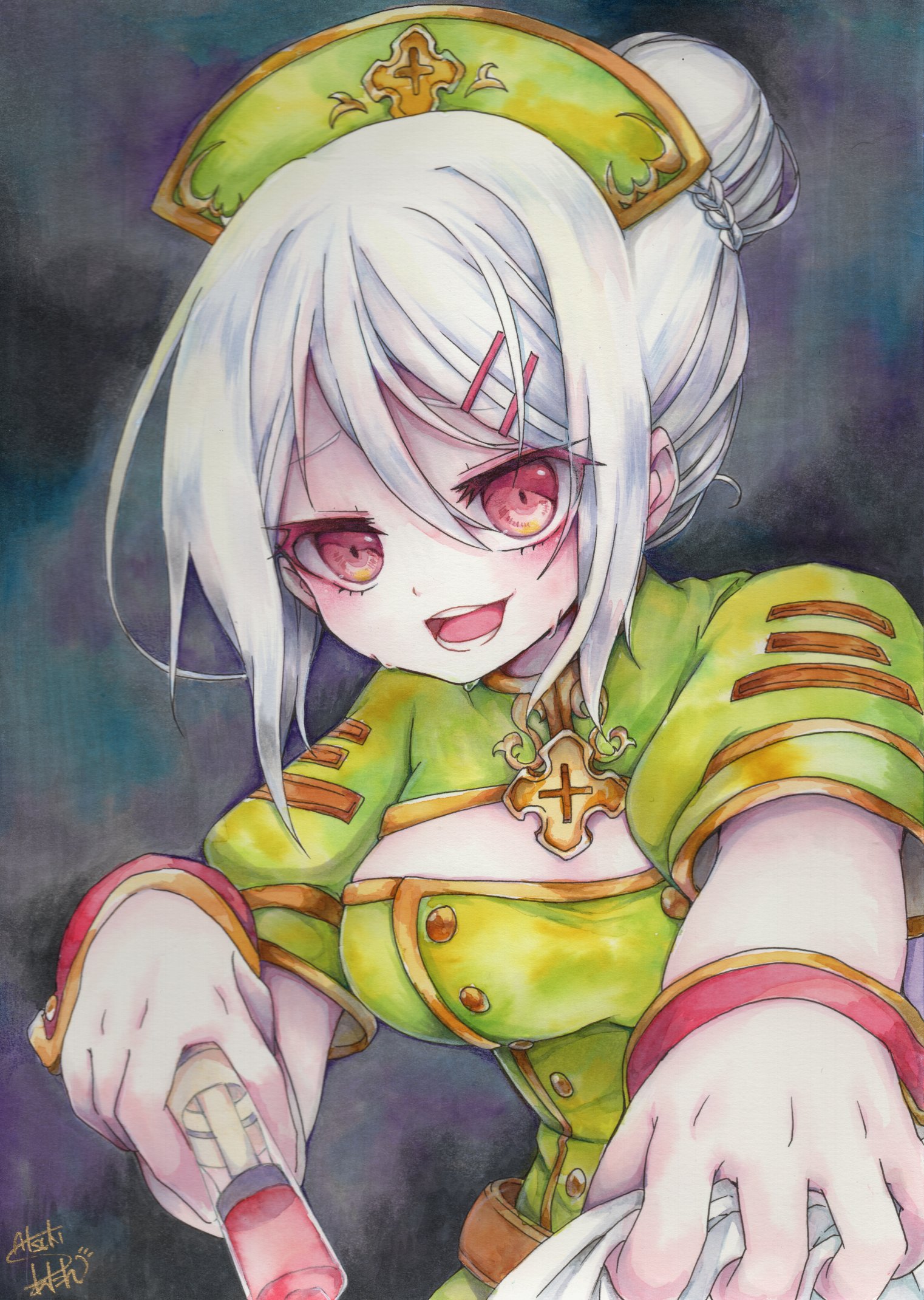 satsuki atan, emil chronicle online, highres, traditional media, artist name, belt, black background, breasts, brown belt, cleavage cutout, clothes grab, clothing cutout, dress, ghost alma, green dress, green hat, hair bun, hair ornament, hairclip, hat, holding, holding syringe, large breasts, looking at viewer, nurse cap, open mouth, red eyes, red wrist cuffs, shirt grab, signature, syringe, white hair, wrist cuffs