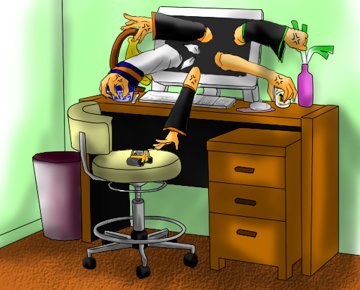 hatsune miku, kagamine len, kagamine rin, kaito (vocaloid), meiko (vocaloid), vocaloid, anger vein, banana, bottle, chair, chest of drawers, computer, computer keyboard, computer mouse, desk, food, fruit, indoors, keyboard, lube, monitor, mousepad (object), no humans, office chair, spring onion, steamroller, swivel chair, tampon, through medium, through screen, toy car, trash can, what