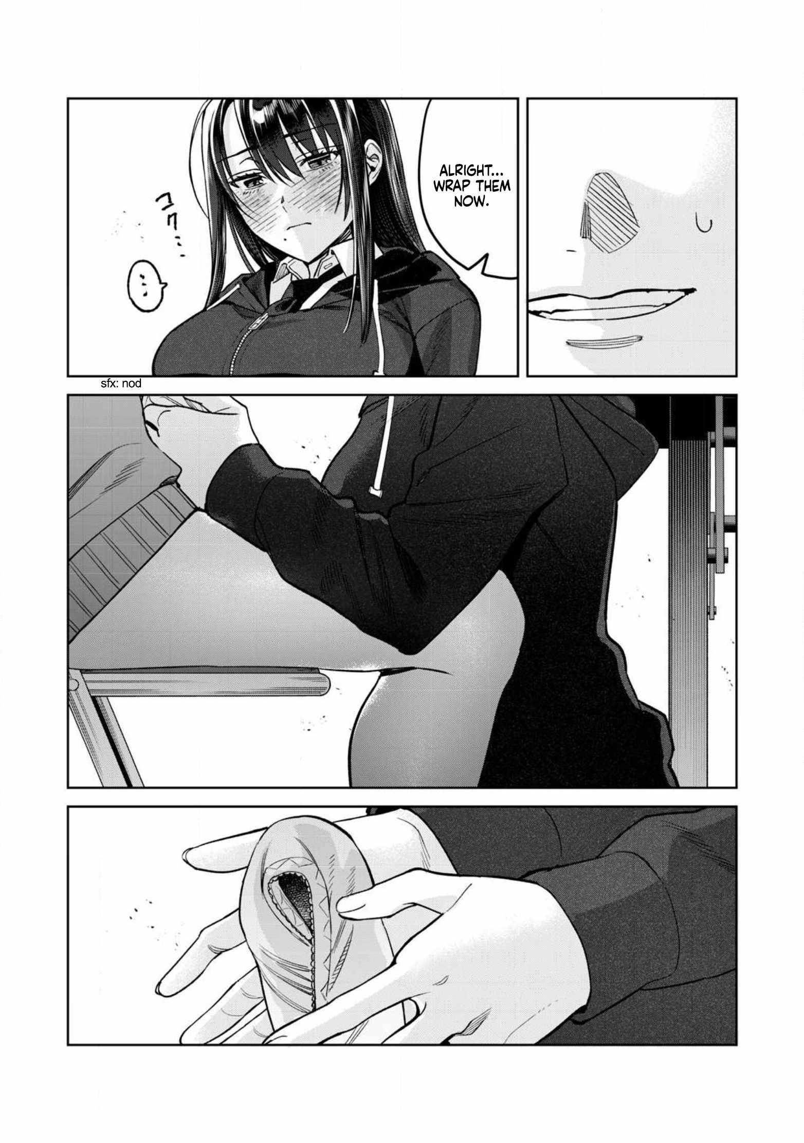 uma raclette, honjou kaho, shirasawa akito, hajirau kimi ga mitainda, highres, official art, translated, 1boy, 1girl, blush, breasts, closed mouth, dot nose, english text, hood, hooded jacket, hoodie, imminent handjob, jacket, kneeling, large breasts, long hair, long sleeves, manga illustration, manga page, mole, mole under mouth, monochrome, panties, panties on penis, school uniform, sitting, smile, smirk, speech bubble, sweat, sweatdrop, sweater, teeth, underwear