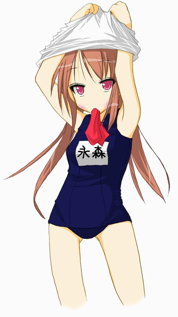 umiato, nagamori yamato, lucky star, 00s, armpits, arms up, brown hair, clothes lift, long hair, mouth hold, one-piece swimsuit, purple eyes, school swimsuit, shirt lift, solo, swimsuit, undressing