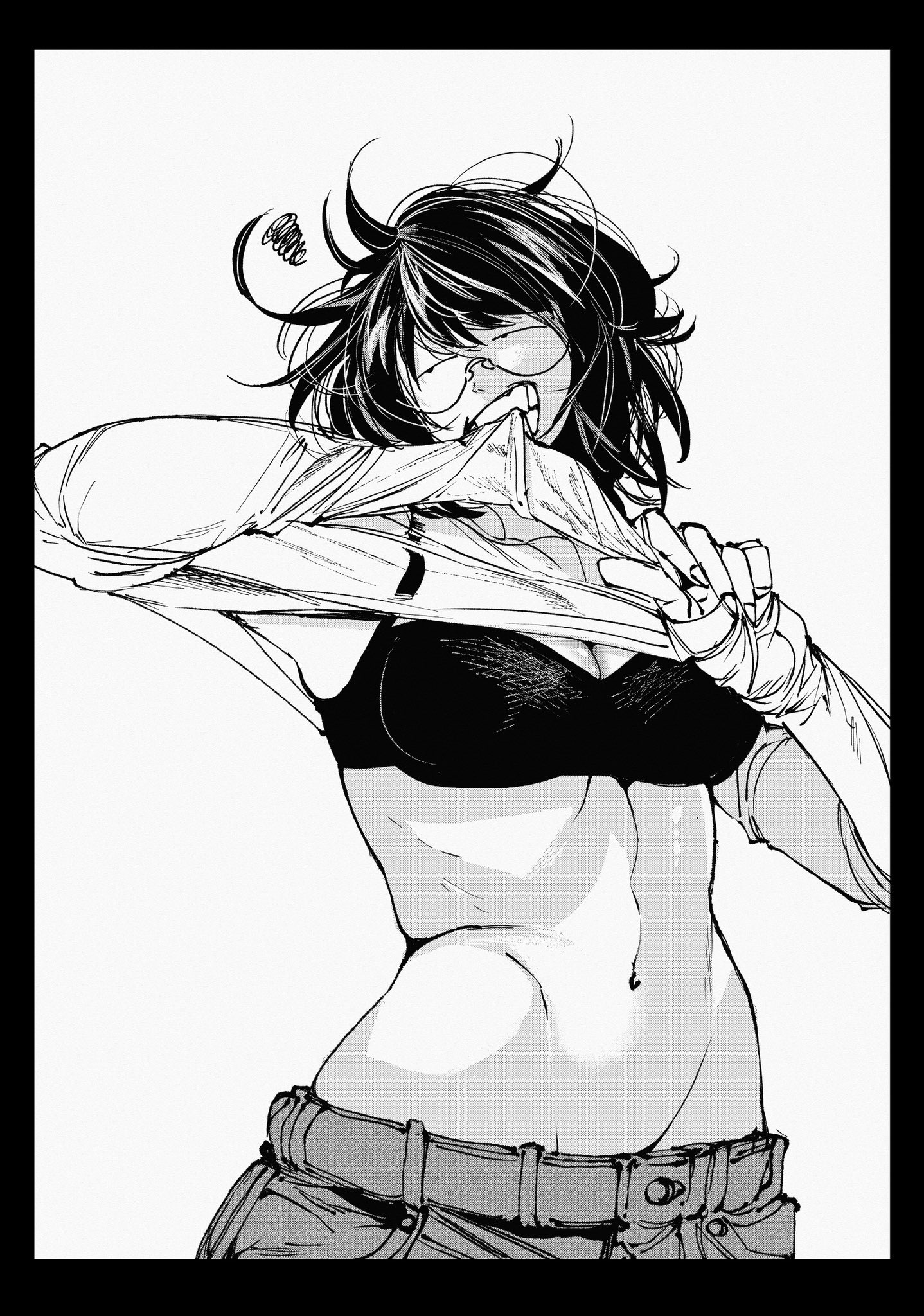 hachinuki tetsuyo, she (hachinuki tetsuyo), tagme, translation request, 1girl, glasses, groin, monochrome, short hair