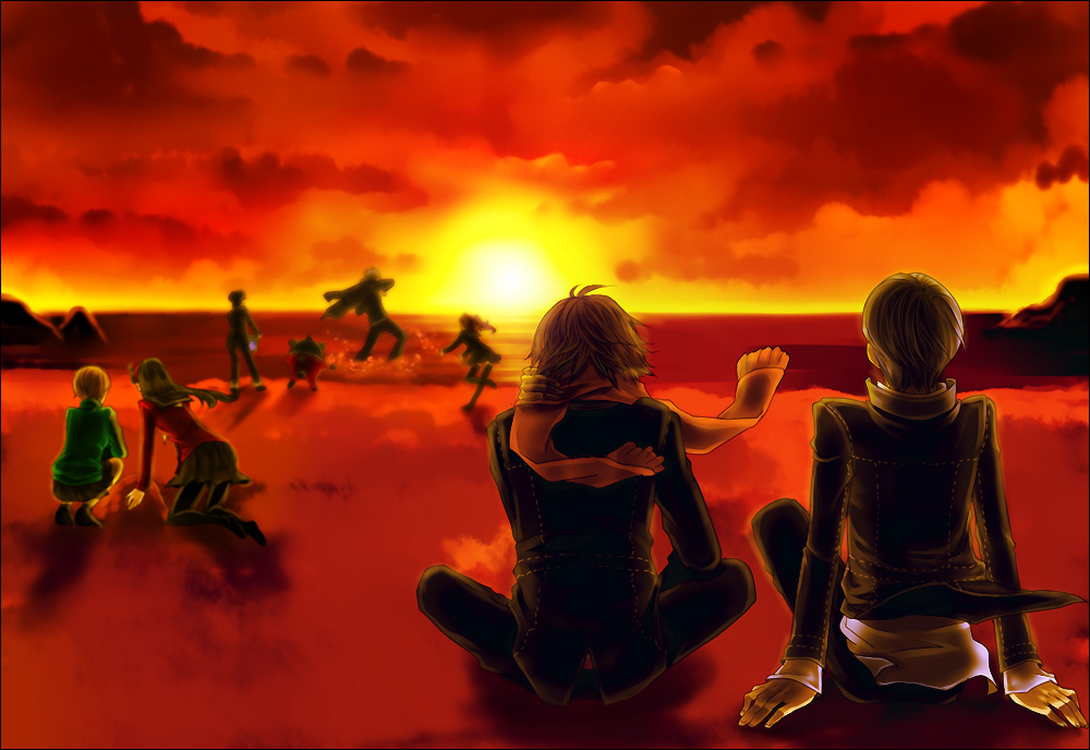 chiru (sanifani), amagi yukiko, hanamura yousuke, kujikawa rise, kuma (persona 4), narukami yu, satonaka chie, shirogane naoto, tatsumi kanji, atlus, persona, persona 4, 3boys, 4girls, beach, multiple boys, multiple girls, pantyhose, sunset, water