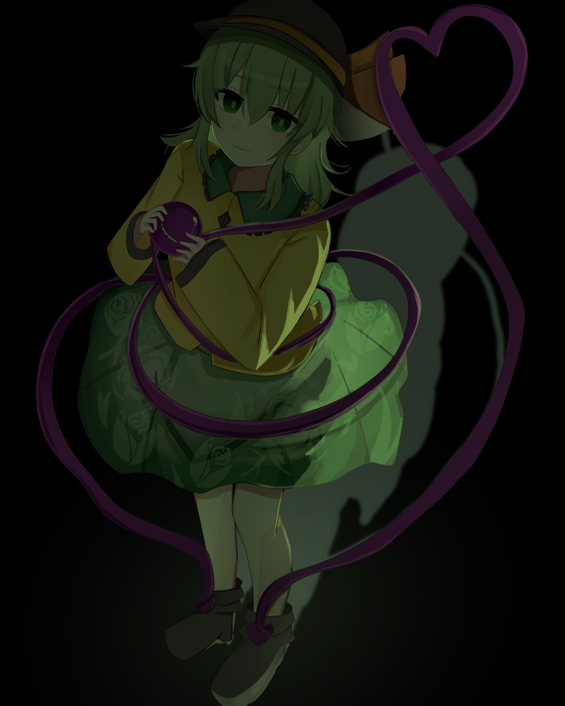 ebuna, komeiji koishi, touhou, highres, 1girl, black background, from above, full body, green eyes, green hair, green skirt, looking at viewer, medium hair, shirt, skirt, solo, yellow shirt