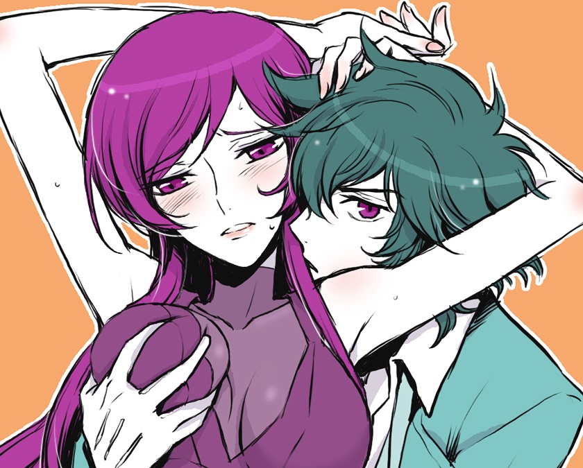 hato niku, setsuna f. seiei, tieria erde, gundam, gundam 00, bad id, bad pixiv id, gender request, 00s, 1girl, 2boys, breasts, breasts apart, breasts squeezed together, from behind, genderswap, grabbing another's breast, groping, large breasts, multiple boys, trap