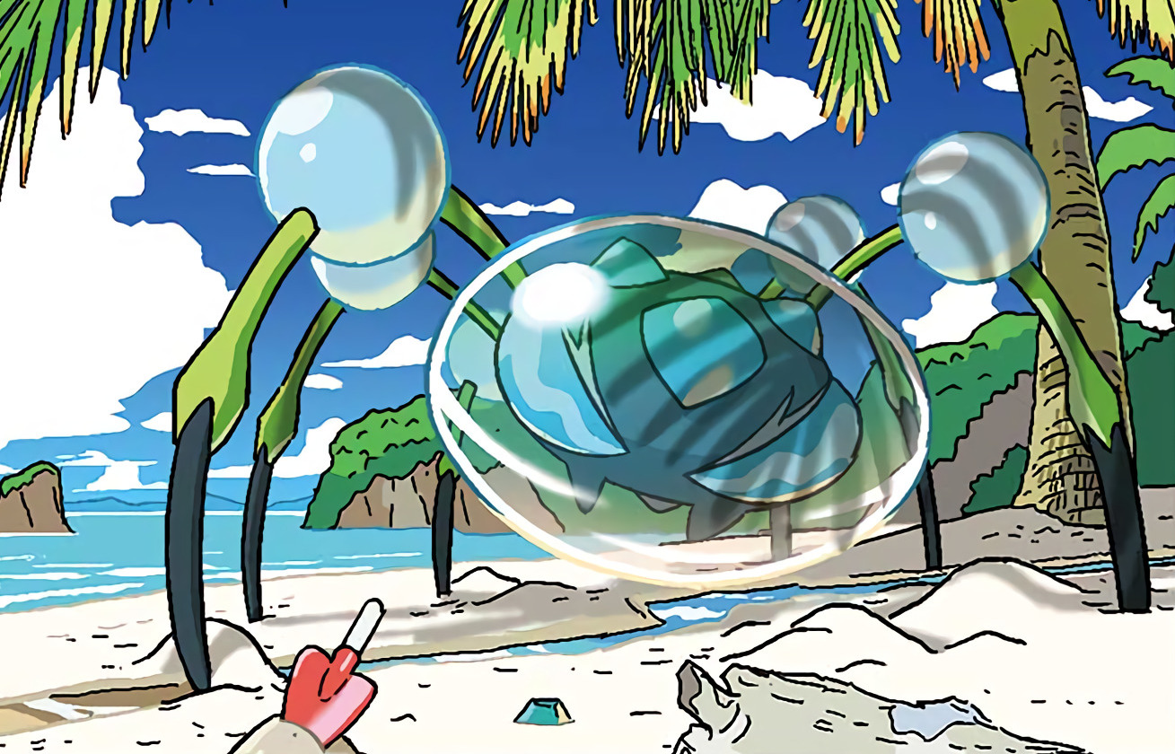 oshiyama kiyotaka, araquanid, nintendo, pokemon, pokemon tcg, commentary, official art, third-party source, animal focus, beach, blue sky, bubble, bug, cloud, day, full body, gen 7 pokemon, no humans, outdoors, palm tree, pokemon (creature), pokemon focus, sand, shovel, sky, solo, tree, water
