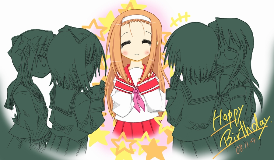 umiato, hiiragi kagami, hiiragi tsukasa, kusakabe misao, minegishi ayano, takara miyuki, lucky star, 00s, 5girls, = =, back, birthday, hairband, multiple girls, school uniform, serafuku, siblings, sisters, sketch, twins