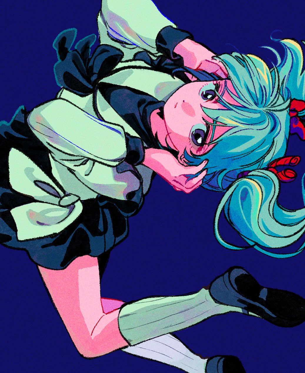 mokenochi, quess paraya, char's counterattack, gundam, highres, 1girl, blue background, blue hair, bow, feet out of frame, hair ornament, long sleeves, looking at viewer, purple eyes, sailor collar, shirt, shoes, simple background, skirt, socks, solo, twintails