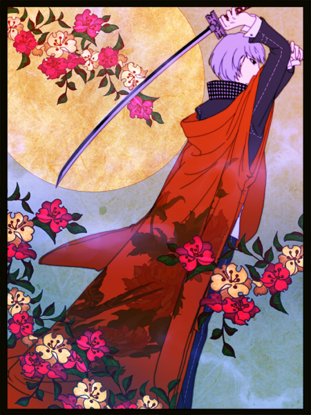 eeteru, narukami yu, atlus, persona, persona 4, 1boy, flower, japanese clothes, male focus, solo, sword, weapon