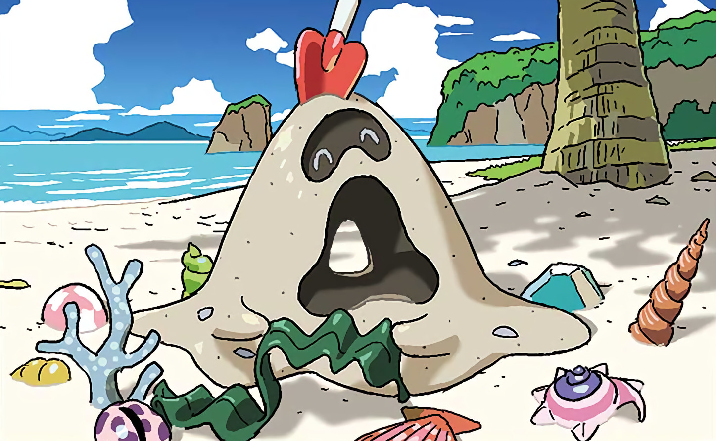 oshiyama kiyotaka, sandygast, nintendo, pokemon, pokemon tcg, commentary, official art, third-party source, beach, blue sky, closed eyes, cloud, coral, day, full body, gen 7 pokemon, happy, holding, no humans, outdoors, pokemon (creature), pokemon focus, sand, seashell, seaweed, shell, shovel, sky, solo, tree, water