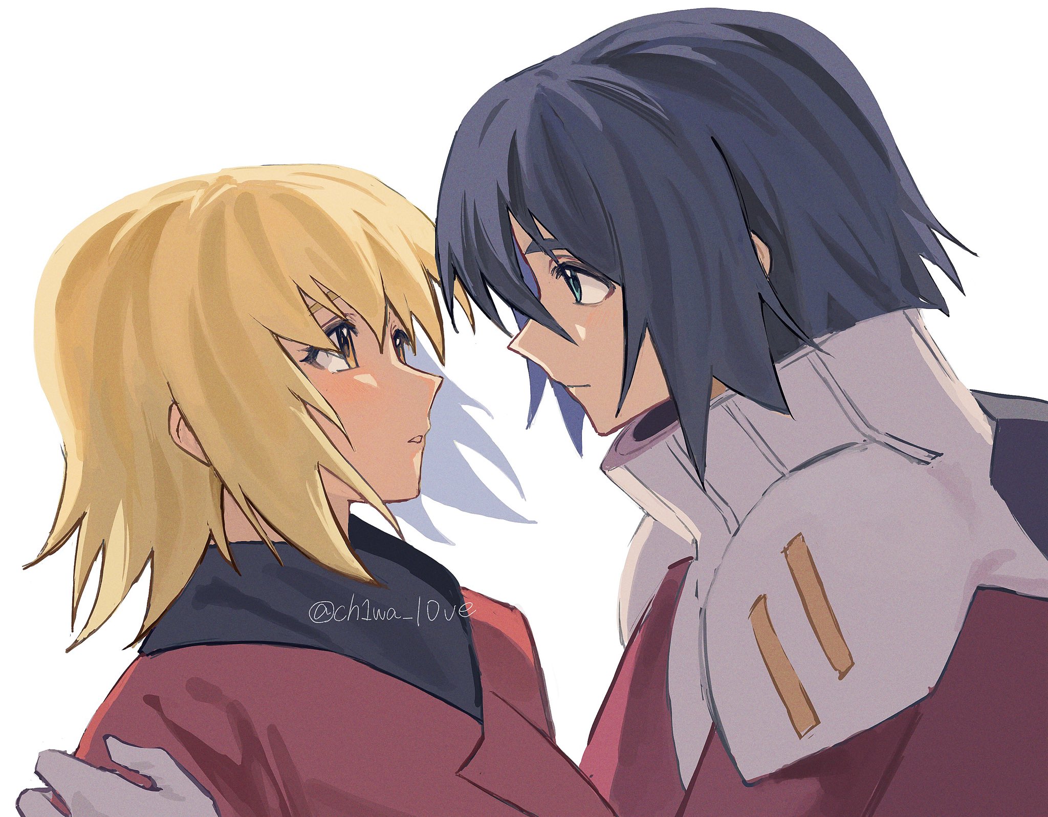 athrun zala, cagalli yula athha, gundam, gundam seed, highres, 1boy, 1girl, blonde hair, blue hair, blush, ch1wa l0ve, couple, green eyes, hetero, jacket, long sleeves, looking at another, mecha pilot suit, open mouth, profile, scene reference, short hair, simple background, smile, upper body, white background, yellow eyes