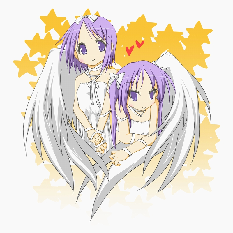 umiato, hiiragi kagami, hiiragi tsukasa, lucky star, 00s, 2girls, angel wings, blue eyes, dress, hair ribbon, long hair, multiple girls, purple hair, ribbon, short hair, siblings, sisters, smile, star (symbol), strapless, tareme, tsurime, twins, twintails, white dress, wings