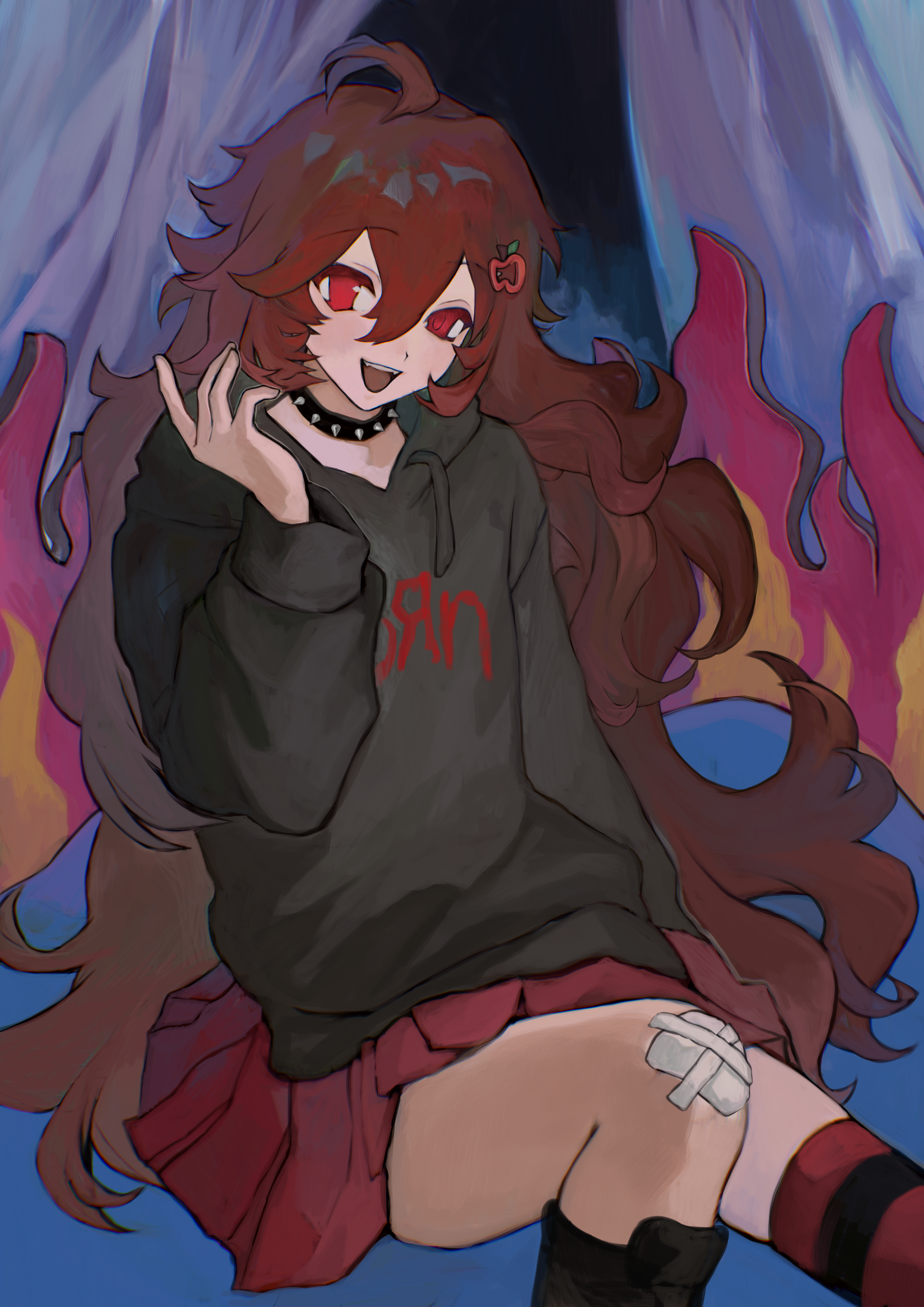 nonono000m, original, absurdres, commission, commissioner upload, highres, non-web source, skeb commission, 1girl, :d, ahoge, apple hair ornament, bandaid, bandaid on knee, bandaid on leg, collar, fangs, food-themed hair ornament, hair ornament, hairclip, hood, hoodie, kneehighs, long hair, looking at viewer, open mouth, print hoodie, red hair, single kneehigh, single sock, sitting, smile, socks, spiked collar, spikes, wavy hair