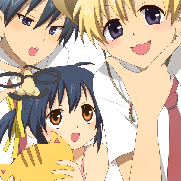 ryokka, okazaki tomoya, sunohara mei, sunohara youhei, clannad, 00s, 1girl, 2boys, :3, :d, ahoge, blonde hair, blush, evil smile, hat, looking at viewer, multiple boys, necktie, open mouth, purple eyes, red necktie, school uniform, simple background, smile, white background