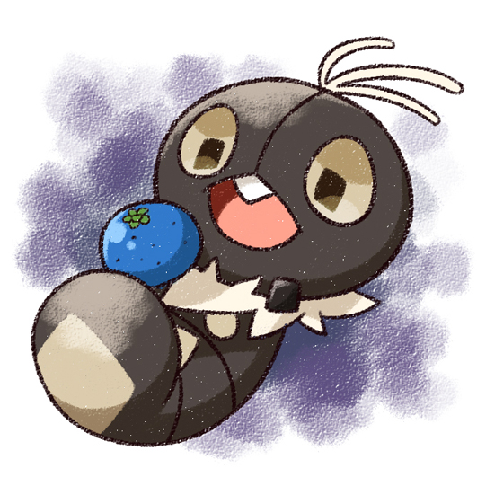 tomato mameta, scatterbug, nintendo, pokemon, commentary request, animal focus, berry (pokemon), bug, food, fruit, full body, gen 6 pokemon, no humans, open mouth, oran berry, pokemon (creature), pokemon focus, rectangular pupils, solo, tooth