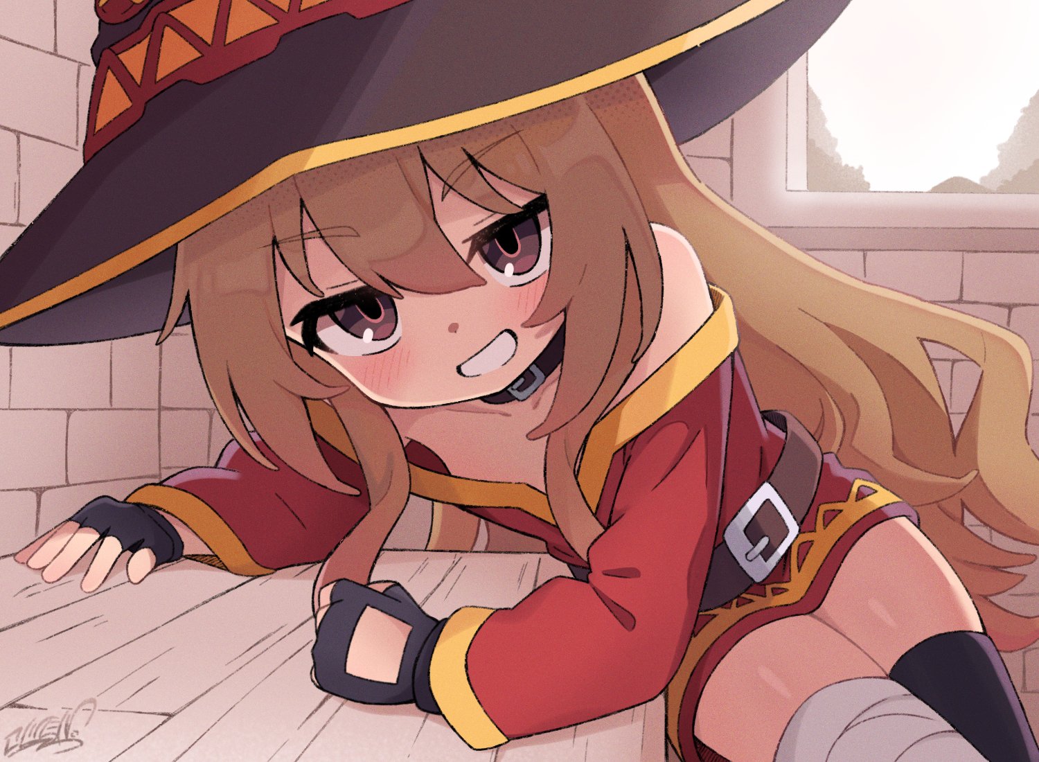 koonowen, aisaka taiga, megumin, kono subarashii sekai ni shukufuku wo!, toradora!, 1girl, bandaged leg, bandages, bare shoulders, belt, black thighhighs, blush, brown belt, brown eyes, brown hair, brown hat, cosplay, dress, fingerless gloves, flat chest, gloves, hair between eyes, hat, long hair, looking at viewer, megumin (cosplay), off-shoulder dress, off shoulder, sidelocks, sitting, thighhighs, very long hair, witch hat, zettai ryouiki