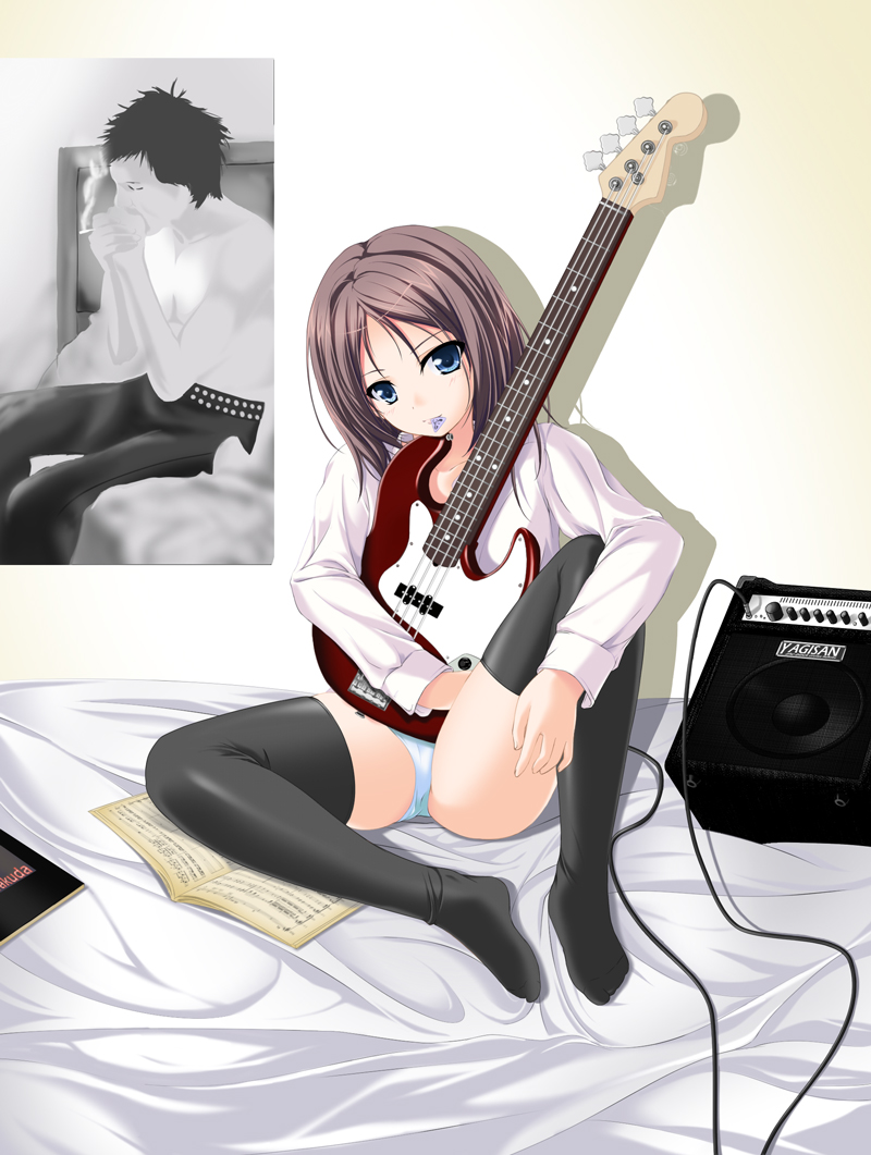 amicis, sid vicious, original, amplifier, bass guitar, blue eyes, brown hair, cigarette, guitar, instrument, mouth hold, panties, plectrum, sheet music, short hair, sitting, smoking, thighhighs, underwear