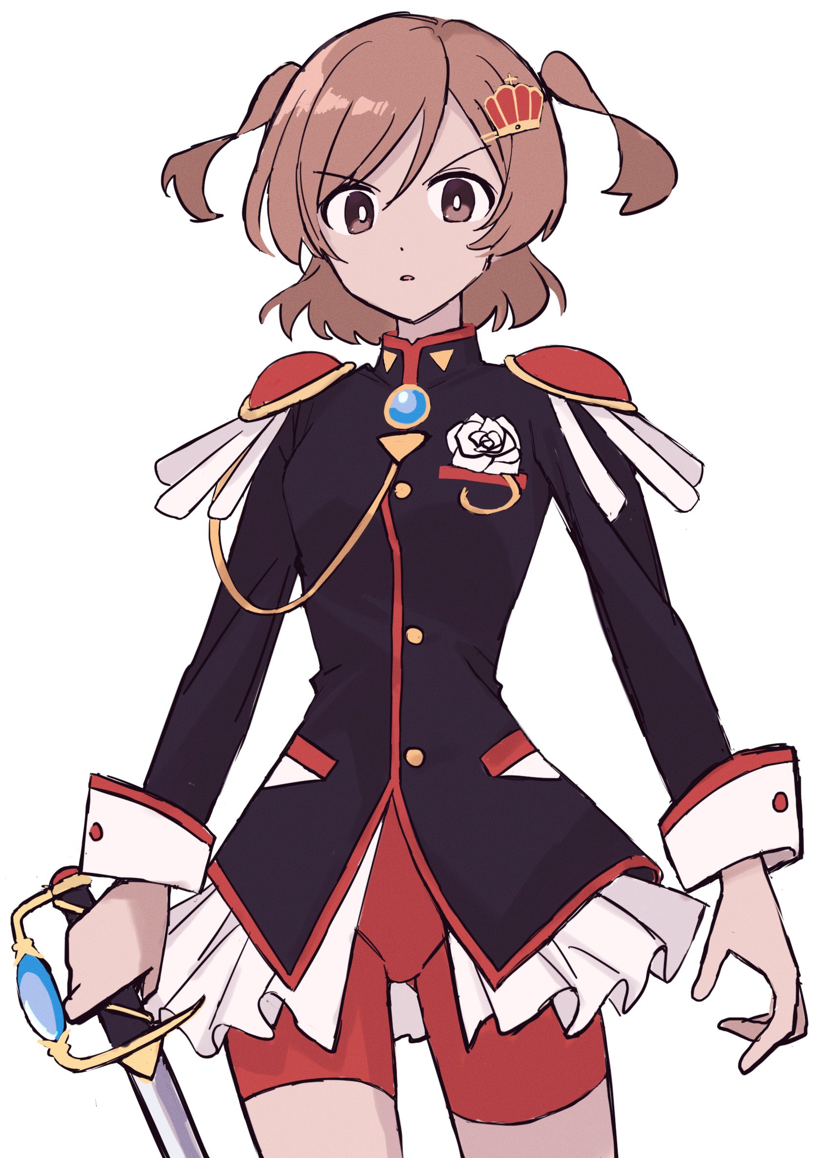 hosikuzu125, aijou karen, tenjou utena, shoujo kageki revue starlight, shoujo kakumei utena, commentary request, highres, 1girl, arms at sides, black jacket, bright pupils, brown eyes, brown hair, buttons, cosplay, crown hair ornament, flower, frilled jacket, frills, hair ornament, hairclip, holding, holding sword, holding weapon, jacket, long sleeves, looking at viewer, ootori gakuen school uniform, parted lips, red shorts, rose, school uniform, short hair, shorts, simple background, solo, standing, sword, tenjou utena (cosplay), two side up, v-shaped eyebrows, weapon, white background, white flower, white pupils, white rose