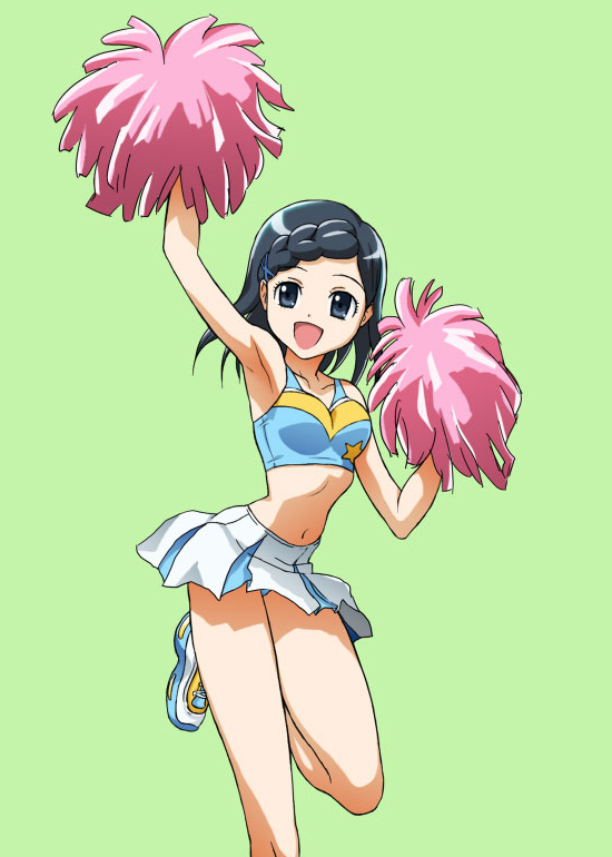 genshoku hajime, hajime (caramel toone), sakurazuka miki, onegai my melody, sanrio, 00s, black eyes, black hair, cheerleader, midriff, panties, pantyshot, pom pom (cheerleading), short hair, solo, underwear