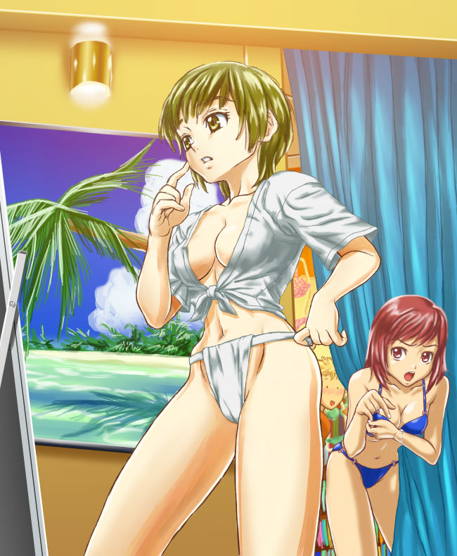 genshoku hajime, hajime (caramel toone), 2girls, bikini, dressing room, front-tie top, fundoshi, green hair, japanese clothes, mizu happi, multiple girls, red eyes, red hair, shirt, short hair, swimsuit, tied shirt, yellow eyes