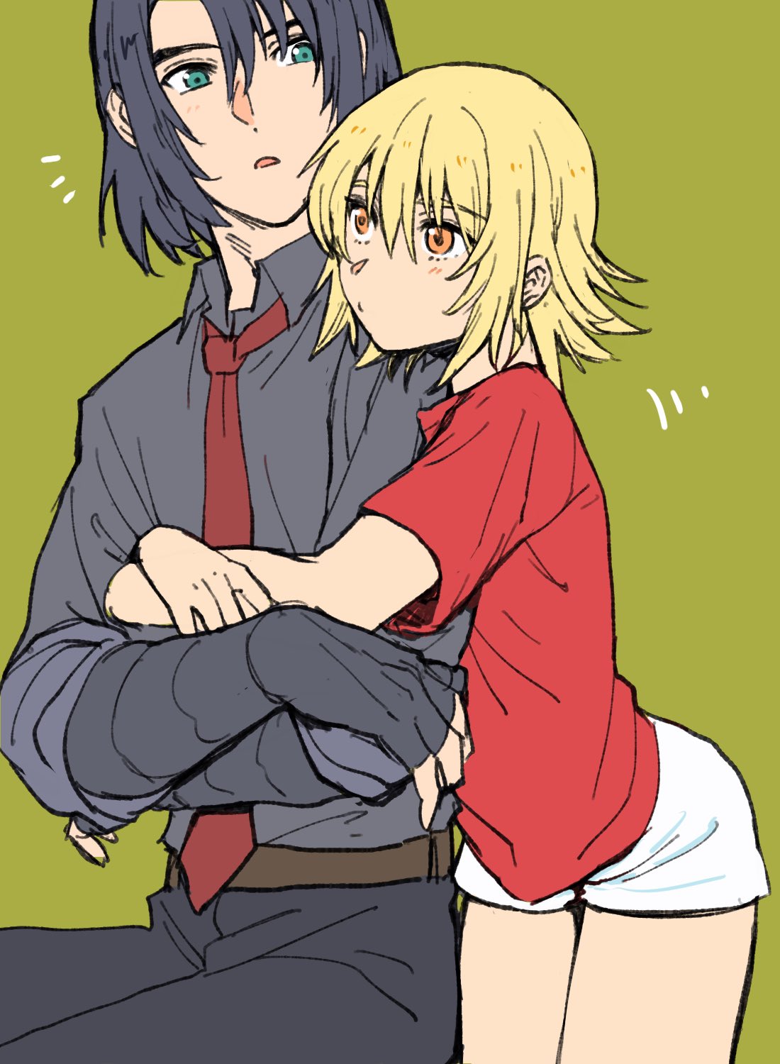 kimi88407604, athrun zala, cagalli yula athha, gundam, gundam seed, highres, 1boy, 1girl, blonde hair, blue hair, blush, collared shirt, couple, crossed arms, green background, green eyes, hetero, hug, hug from behind, long sleeves, necktie, open mouth, orange eyes, red shirt, shirt, short hair, shorts, simple background, t-shirt, white shorts