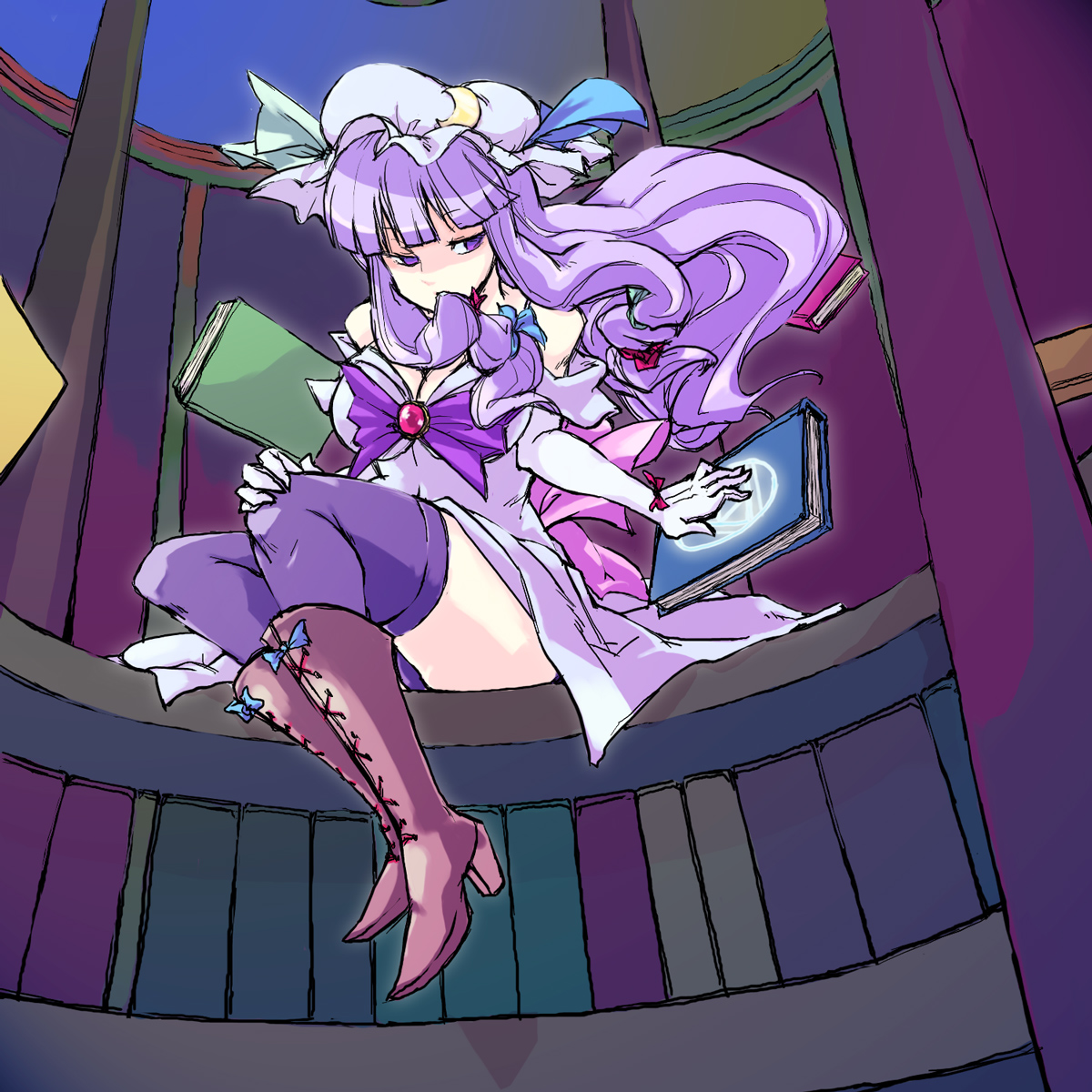 rotan, patchouli knowledge, touhou, looking away, highres, 1girl, adapted costume, blunt bangs, book, bookshelf, boots, bow, breasts, cleavage, crescent, crescent hat ornament, female focus, glowing, hair bow, hair ribbon, hat, hat bow, hat ornament, high heels, knee boots, lace-up boots, long hair, magic circle, medium breasts, mouth hold, purple eyes, purple hair, ribbon, shoes, sitting, solo, thighhighs