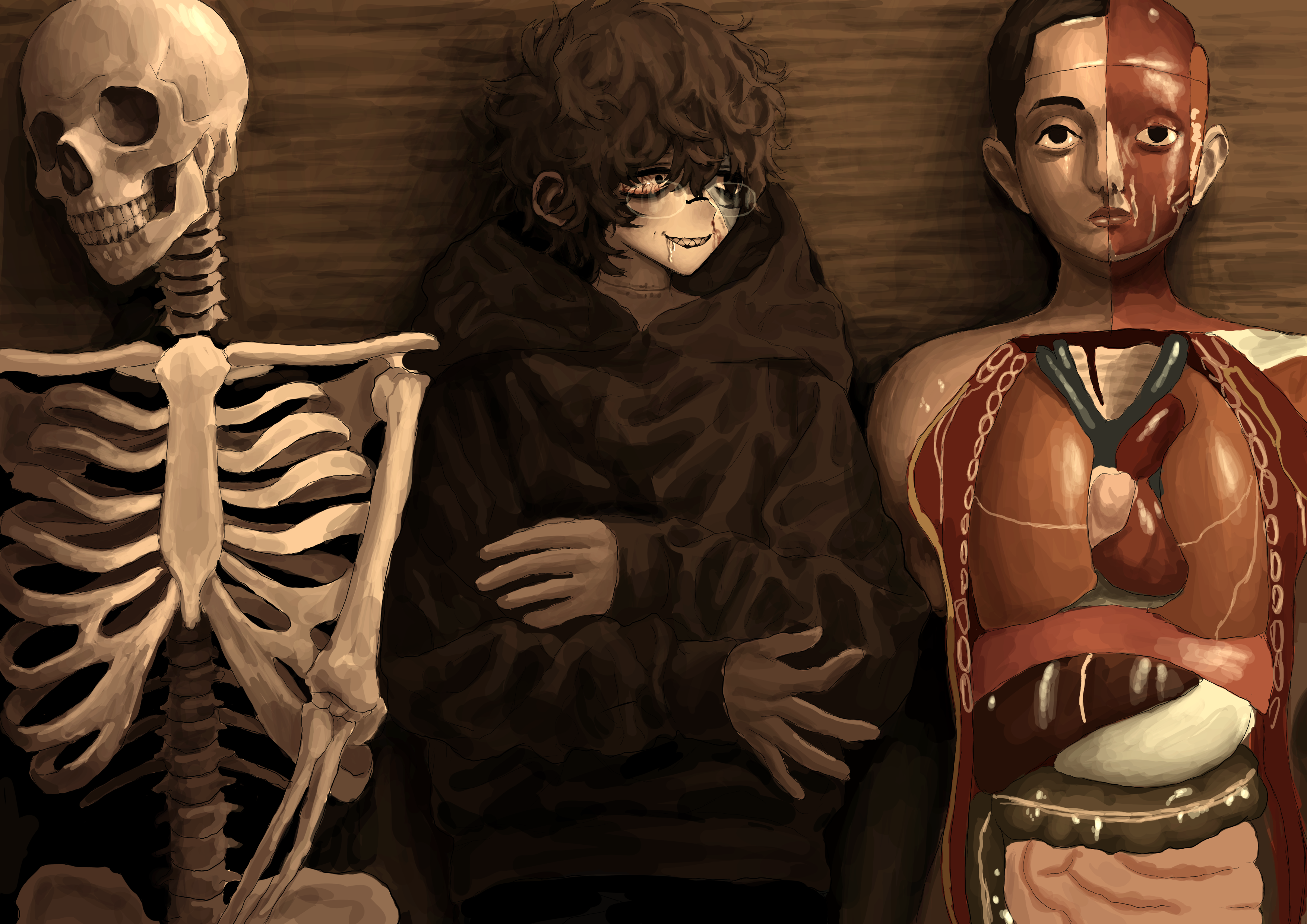 a3dyqtlpqjcuqvs, original, absurdres, commission, commissioner upload, highres, non-web source, skeb commission, 1boy, anatomical model, black hair, black hoodie, blood, bloodshot eyes, grin, hood, hoodie, looking to the side, male focus, mismatched pupils, nosebleed, saliva, sharp teeth, skeleton, smile, stitched neck, stitches, teeth, wavy hair, zombie