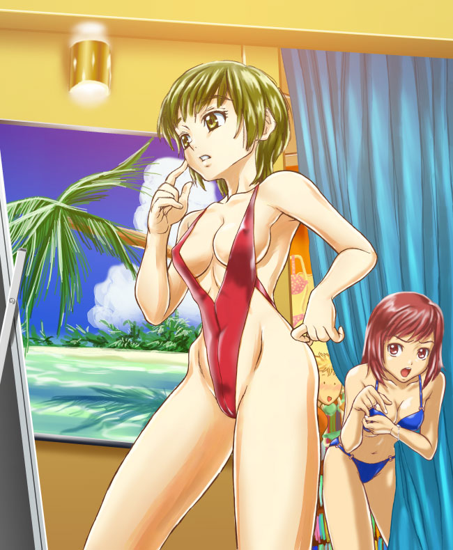 genshoku hajime, hajime (caramel toone), highleg swimsuit, 2girls, armpits, bare shoulders, bikini, collarbone, dressing room, green hair, highleg, multiple girls, red eyes, red hair, short hair, slingshot swimsuit, swimsuit, yellow eyes